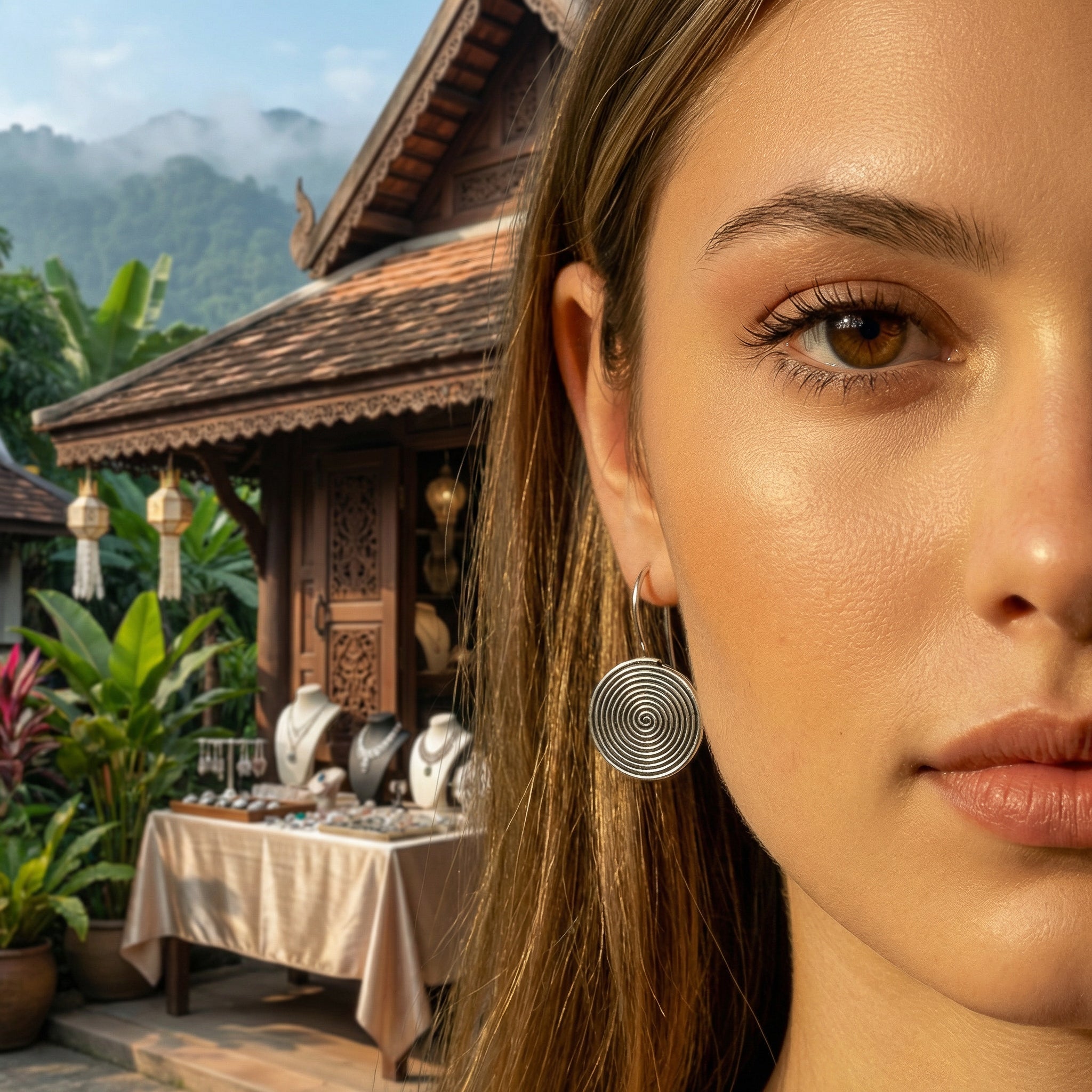 Handcrafted 98% Fine Karen Hill Tribe Silver Concentric Spiral Disc Earrings, Handmade Jewelry from Chiang Rai Thailand - Lalanna Design