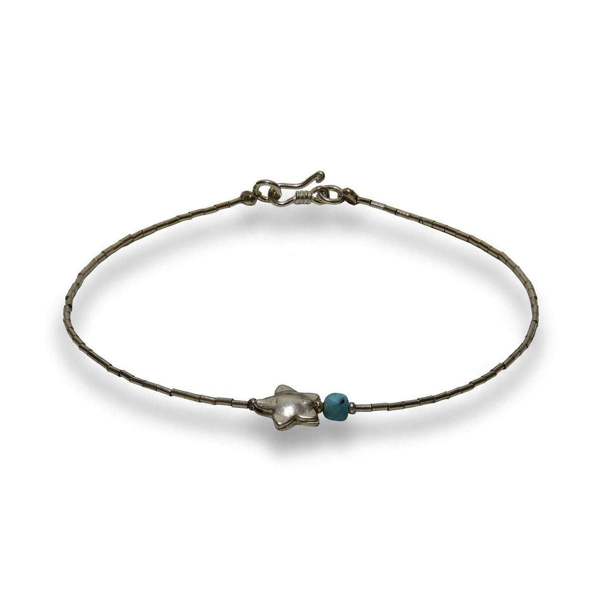 Handcrafted 98% Fine Karen Hill Tribe Silver Star And Turquoise Anklet - Handmade Jewelry from Chiang Mai Thailand - Lalanna Design