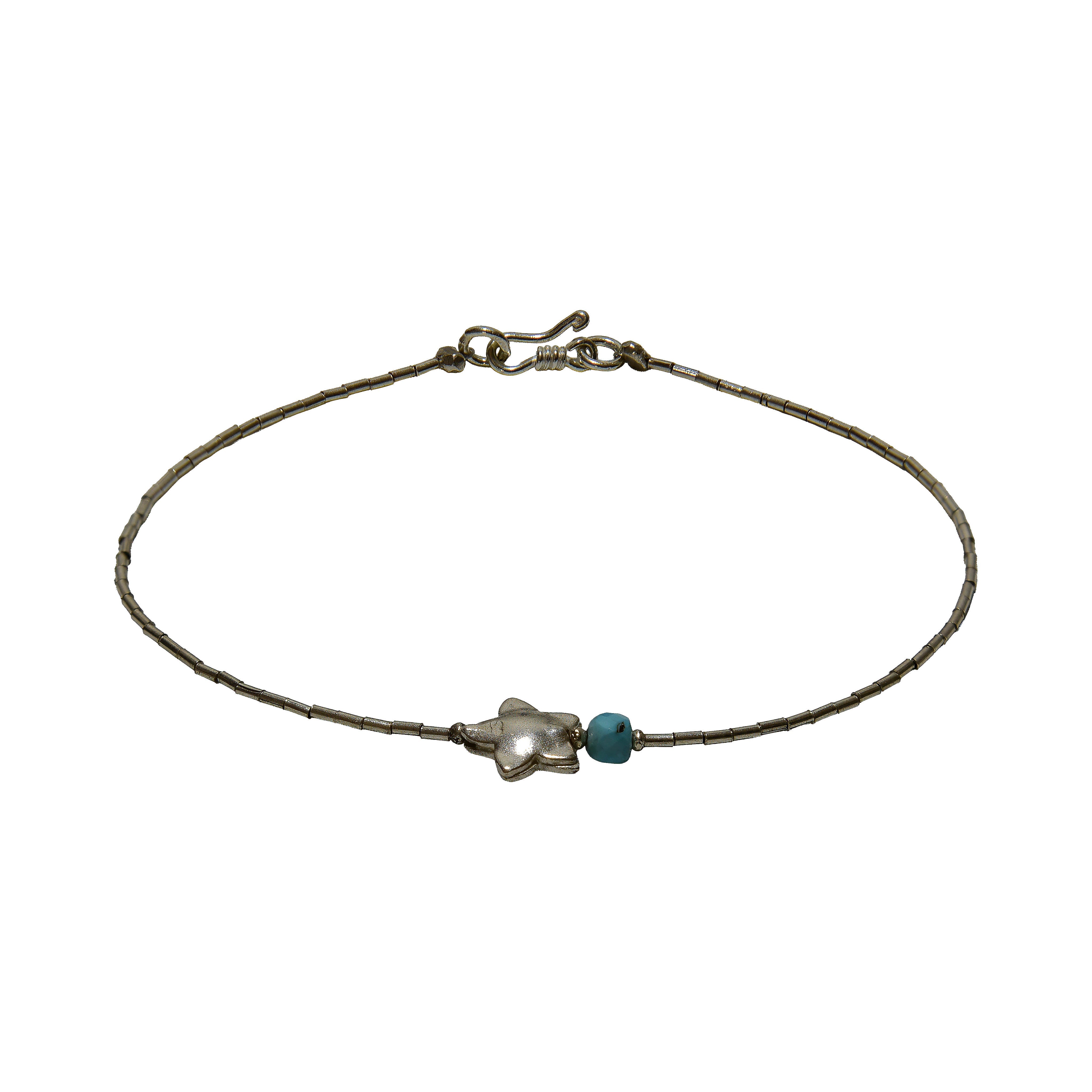 Handcrafted 98% Fine Karen Hill Tribe Silver Star And Turquoise Anklet - Handmade Jewelry from Chiang Mai Thailand - Lalanna Design