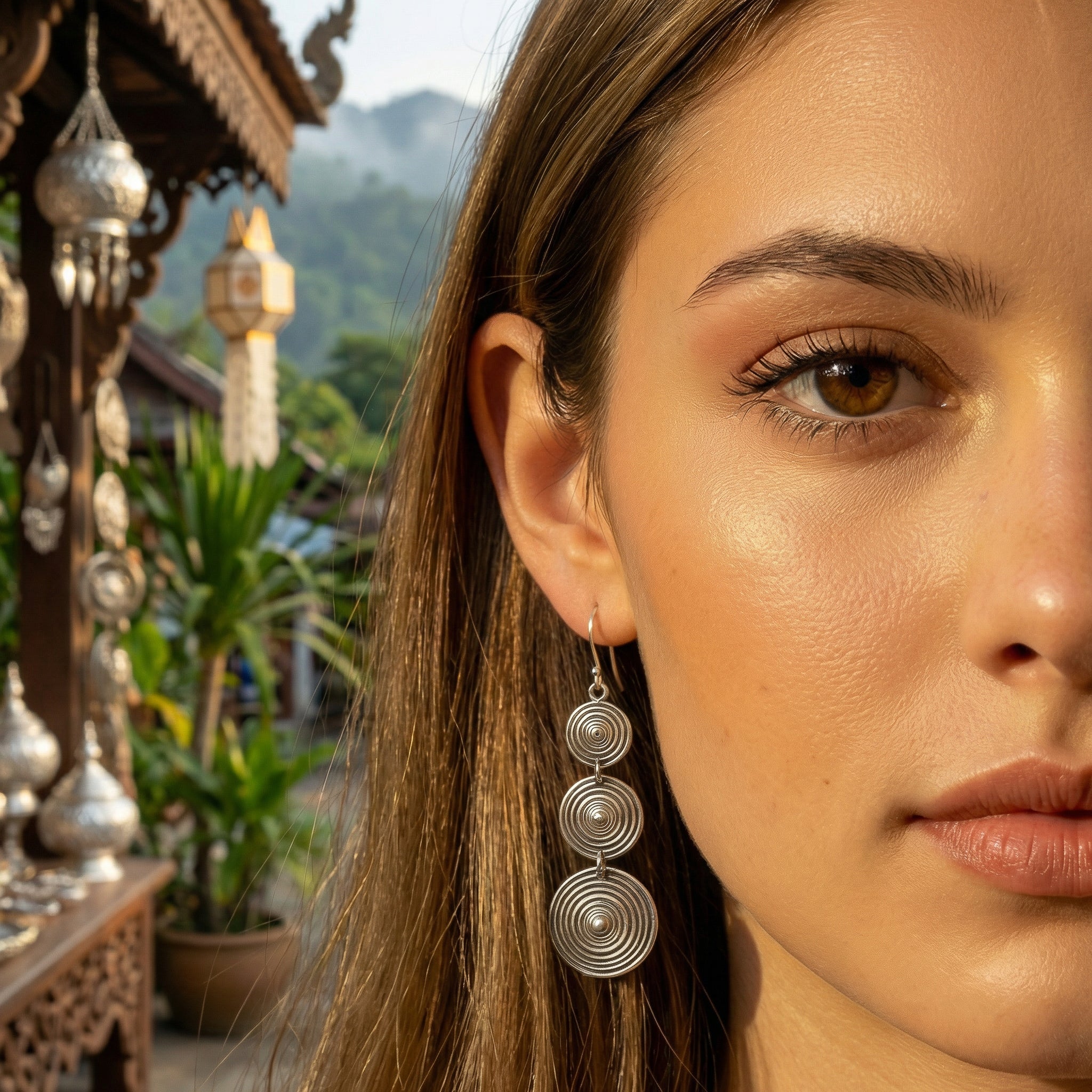 Handcrafted Lanna Silver Triple Spiral Drop Earrings