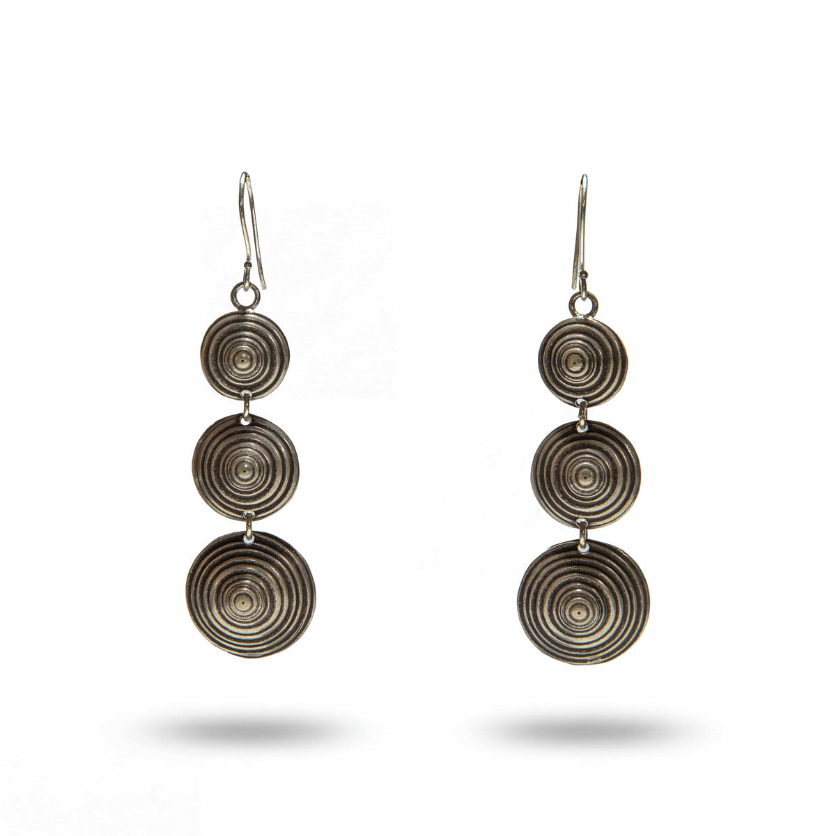 Handcrafted 98% Fine Karen Hill Tribe Silver Triple Concentric Spiral Disc Drop Earrings, Handmade Jewelry from Chiang Mai Thailand - Lalanna Design