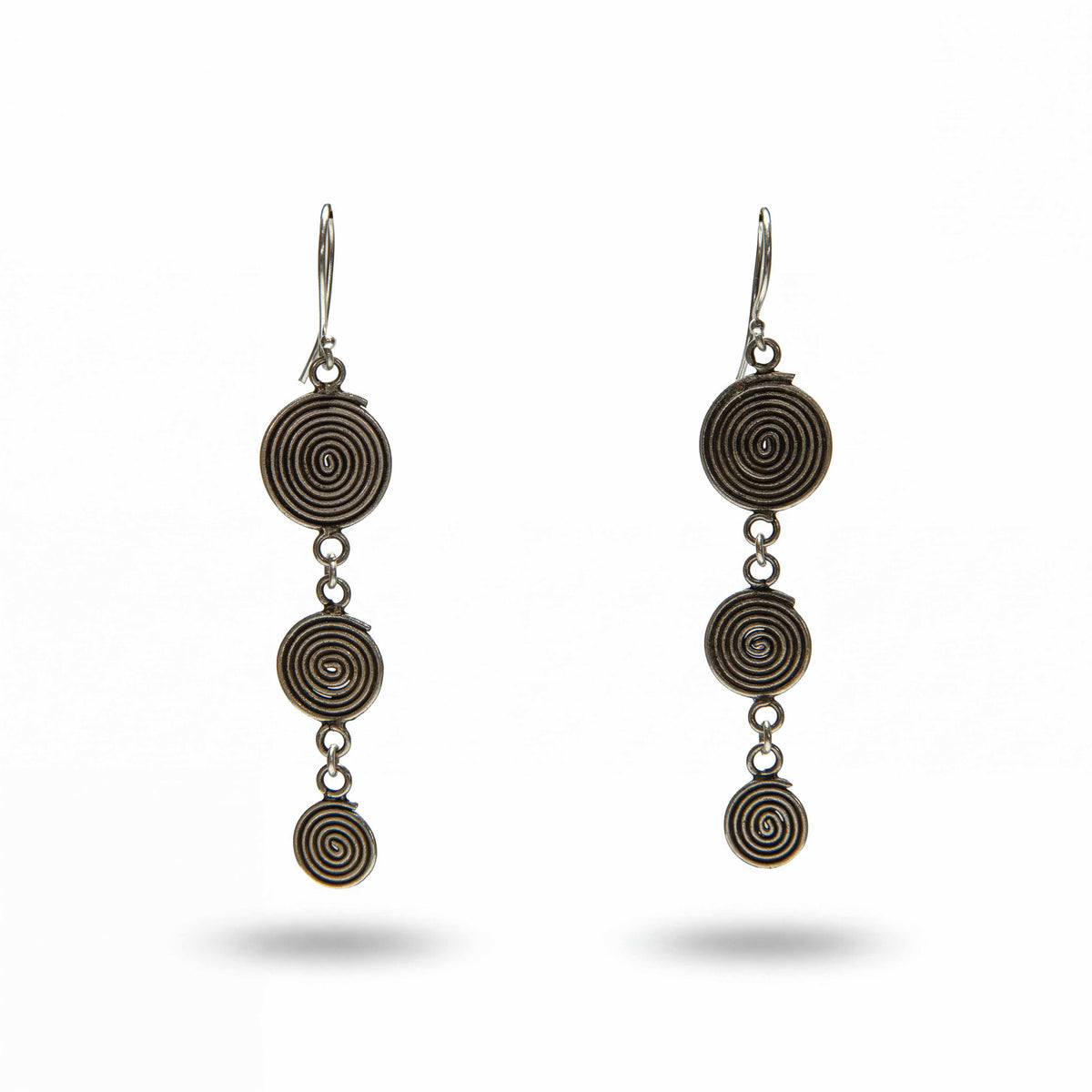 Handcrafted 98% Fine Karen Hill Tribe Silver Triple Spiral Disc Drop Earrings, Handmade Jewelry from Chiang Mai Thailand - Lalanna Design