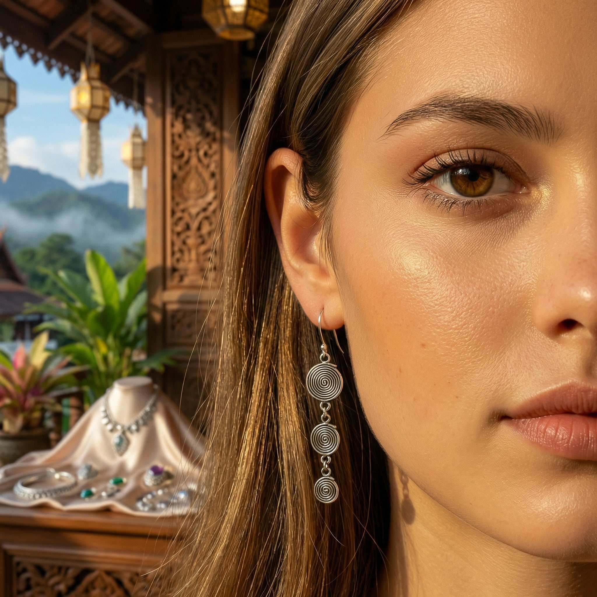 Handcrafted 98% Fine Karen Hill Tribe Silver Triple Spiral Disc Drop Earrings, Handmade Jewelry from Chiang Rai Thailand - Lalanna Design