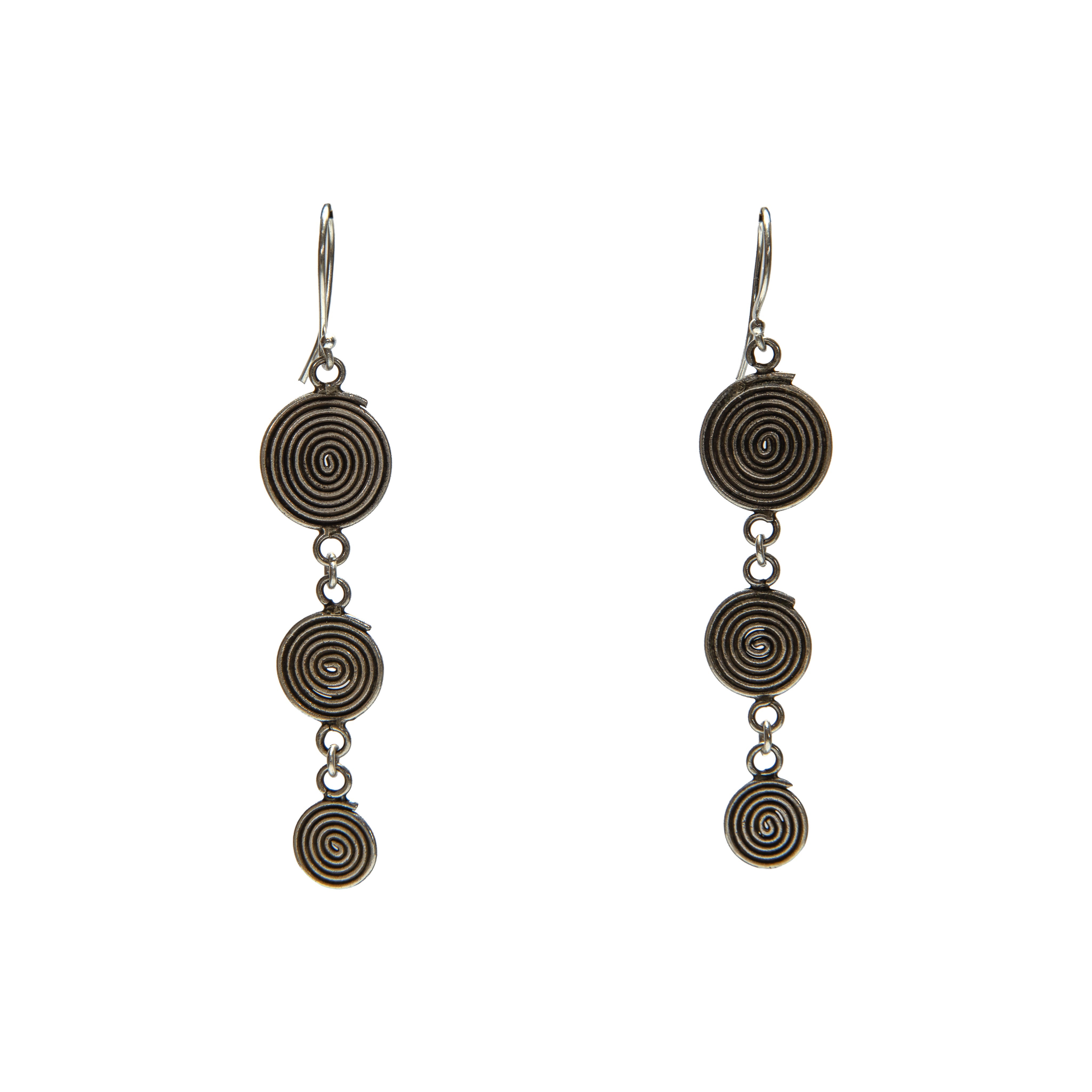 Handcrafted 98% Fine Karen Hill Tribe Silver Triple Spiral Disc Drop Earrings, Handmade Jewelry from Chiang Rai Thailand - Lalanna Design