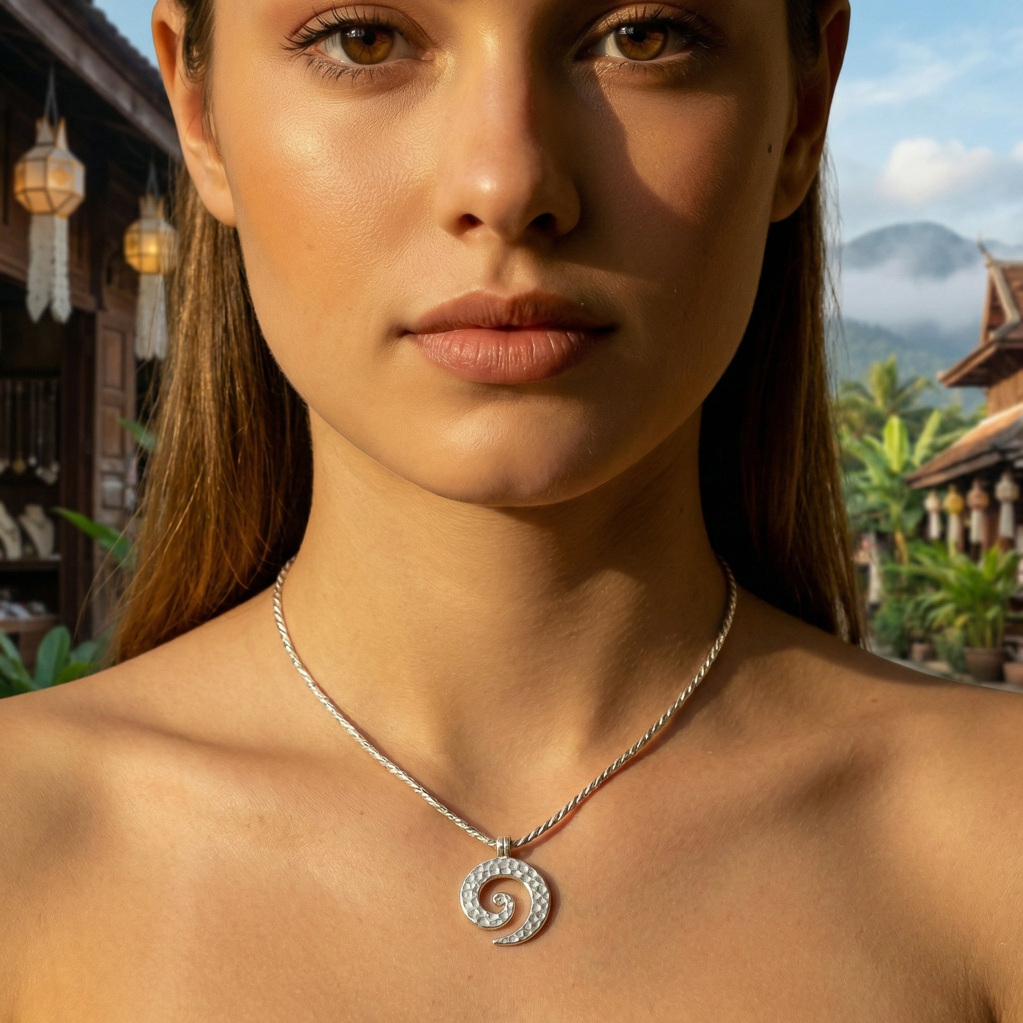 Handcrafted 98% Fine Karen Hill Tribe Silver Twisted Wire Necklace with Textured Spiral Pendant, Handmade Jewelry from Chiang Rai Thailand - Lalanna Design