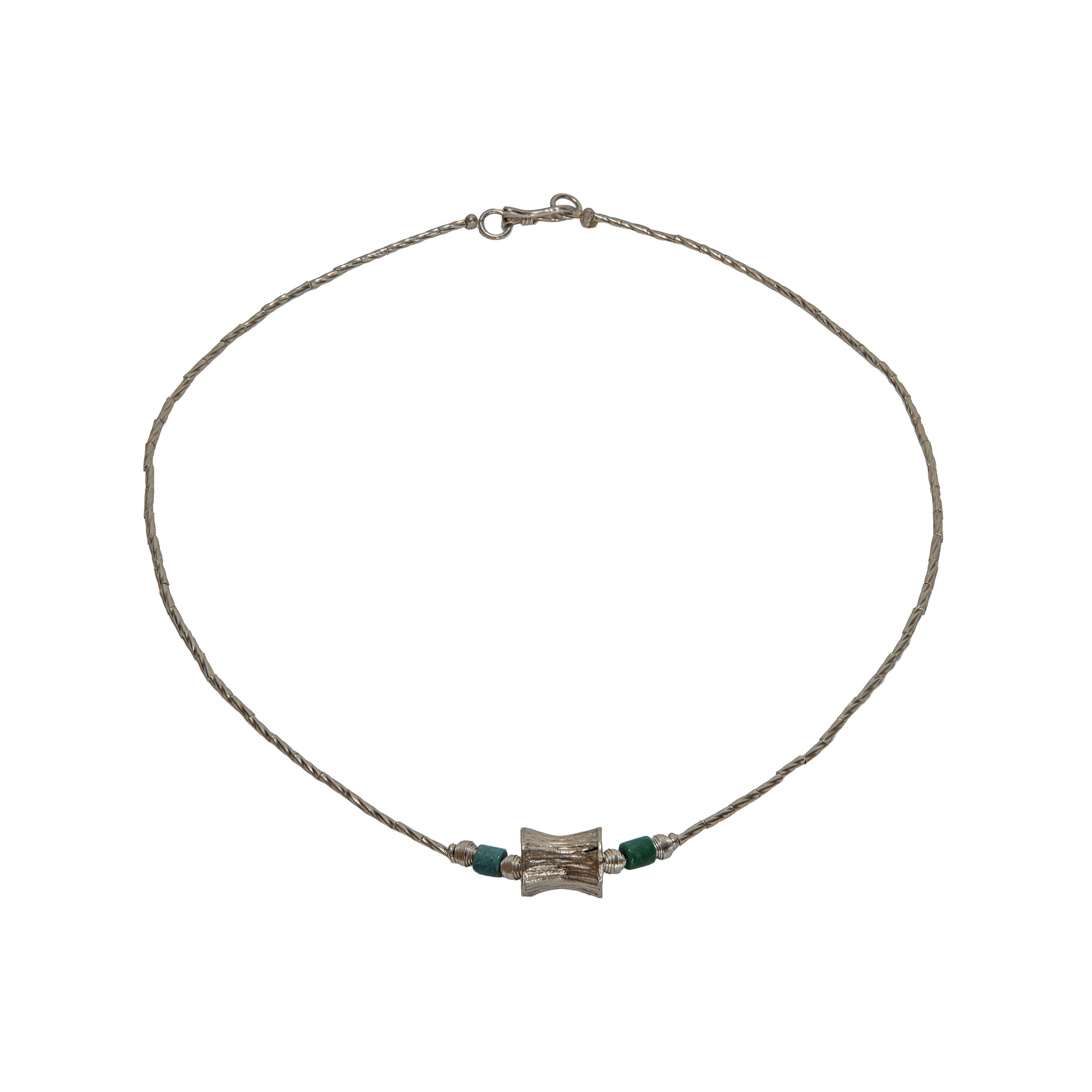 Handcrafted 98% Fine Karen Hill Tribe Silver Twisted Wire Necklace with Turquoise Beads and Central Hourglass Pendant, Handmade Jewelry from Chiang Rai Thailand - Lalanna Design