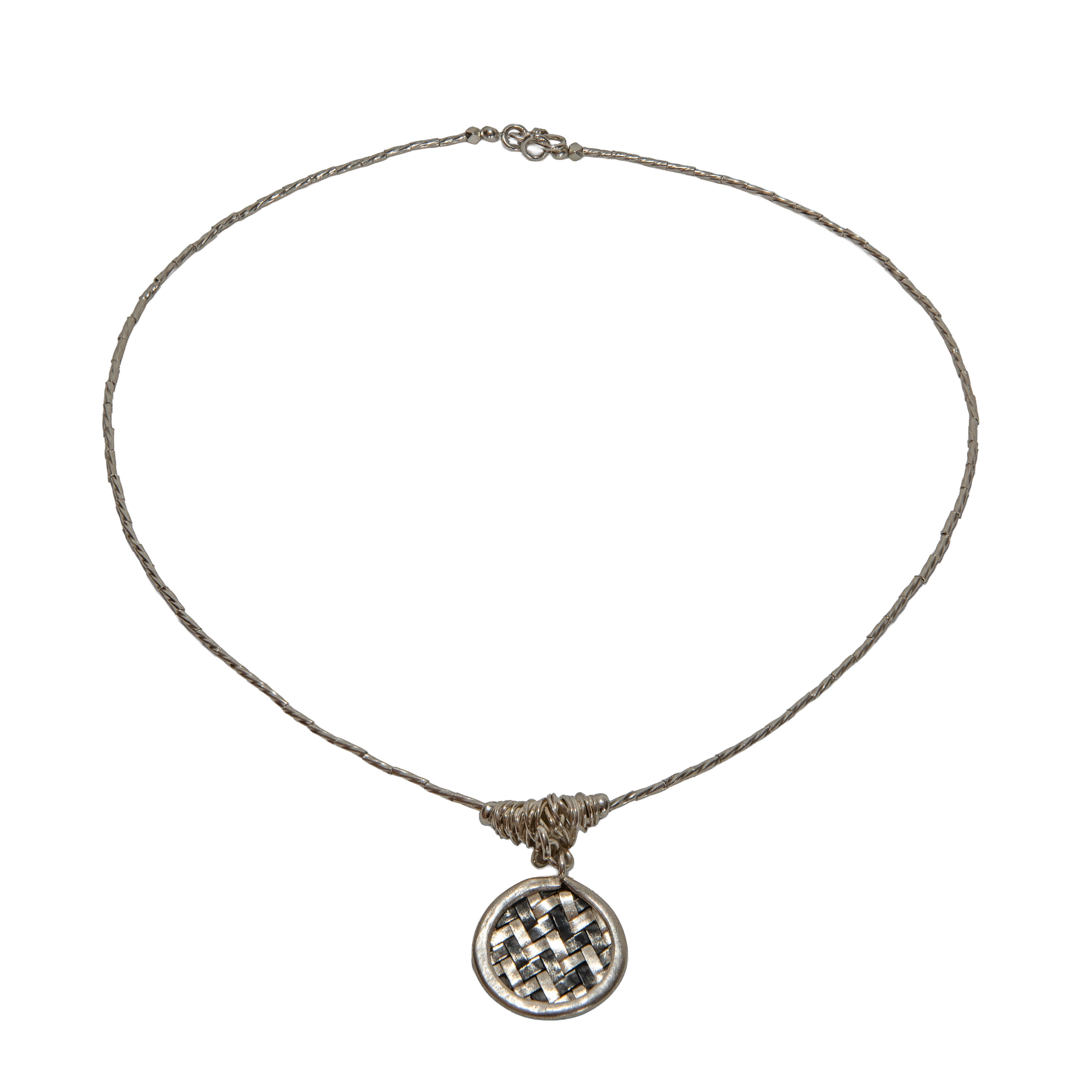 Handcrafted 98% Fine Karen Hill Tribe Silver Twisted Wire Necklace with Woven Basket Round Pendant, Handmade Jewelry from Chiang Rai Thailand - Lalanna Design