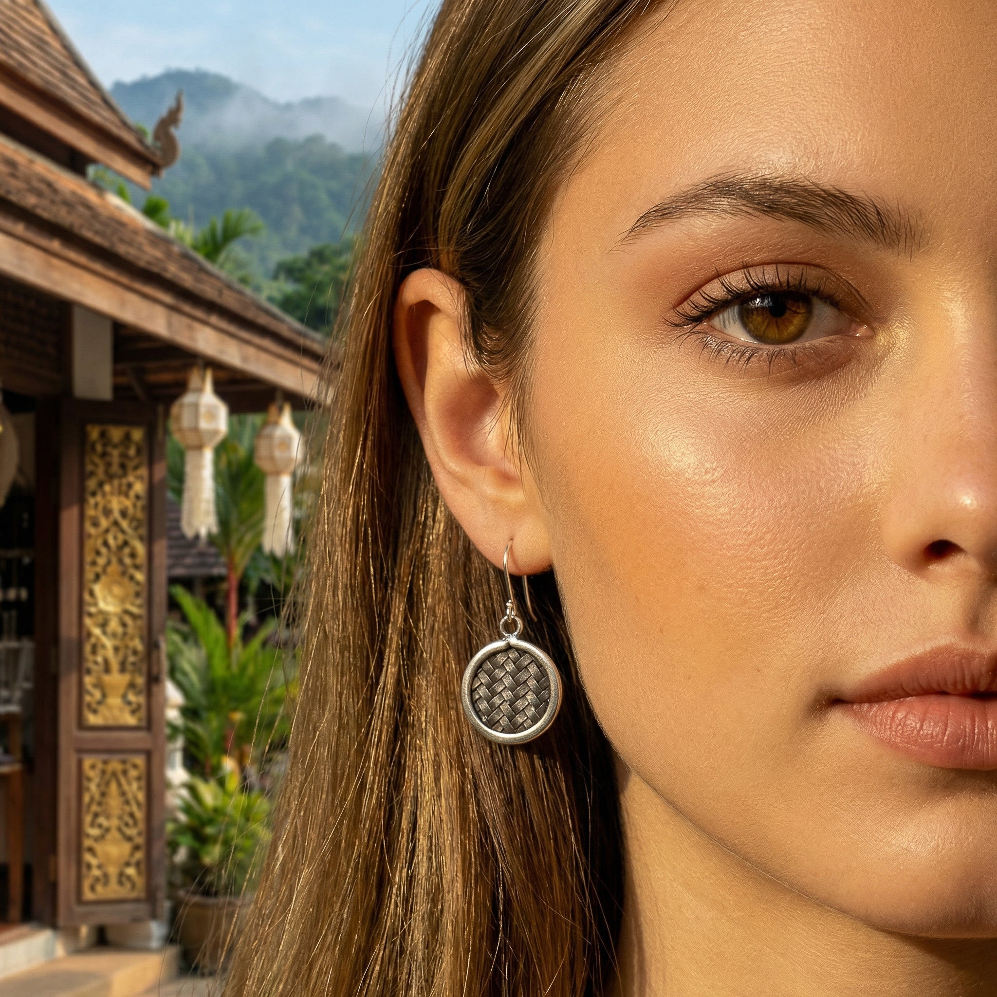 Handcrafted 98% Fine Karen Hill Tribe Silver Woven Basket Disc Earrings, Handmade Jewelry from Chiang Rai Thailand - Lalanna Design