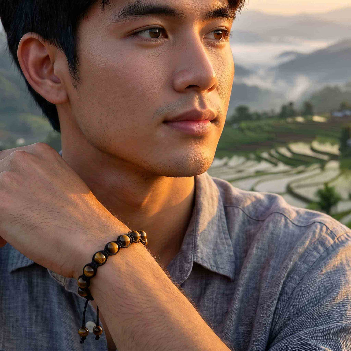 Handcrafted Bracelet Adjustable Tiger Eye Macrame Men's Bracelet, Handmade Jewelry from Chiang Mai Thailand - Lalanna Design