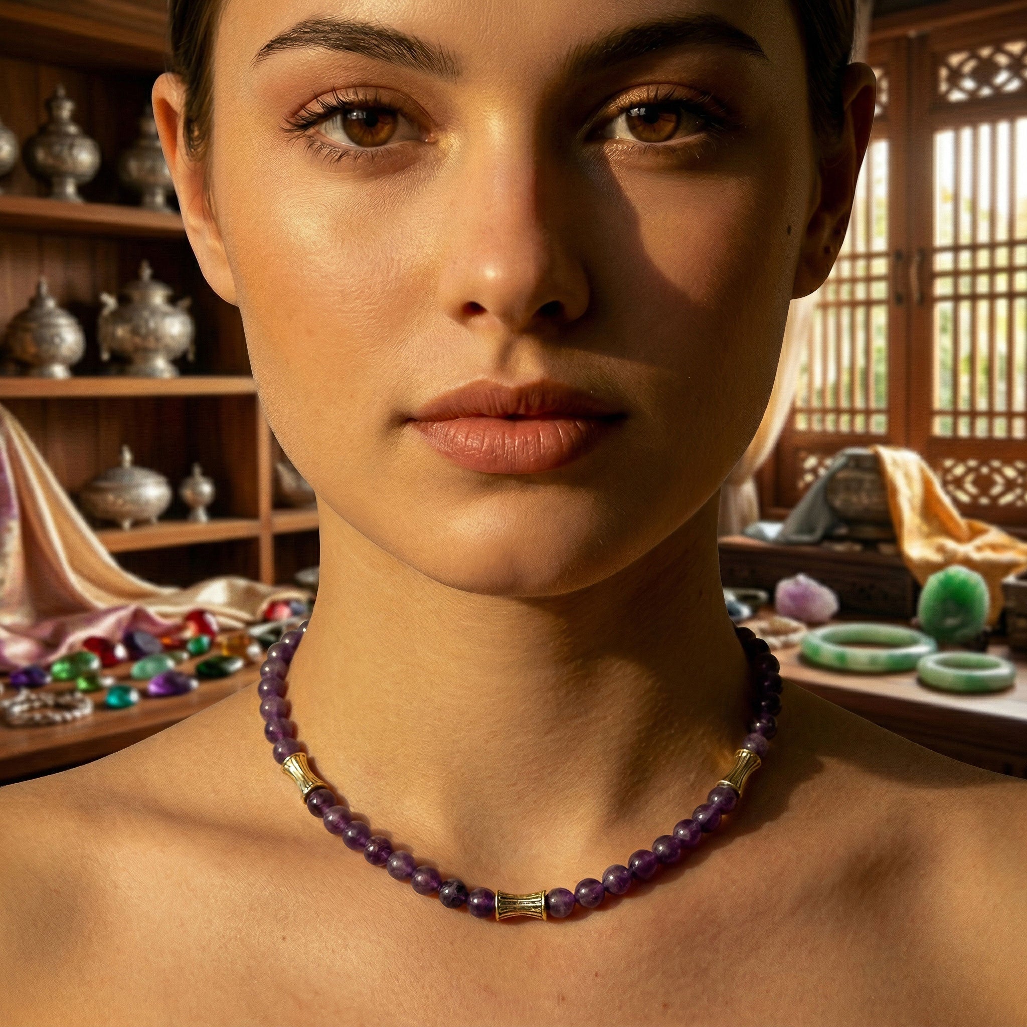 Handcrafted Amethyst Necklace with Karen Silver Beads from Chiang Mai Thailand - Lalanna Design