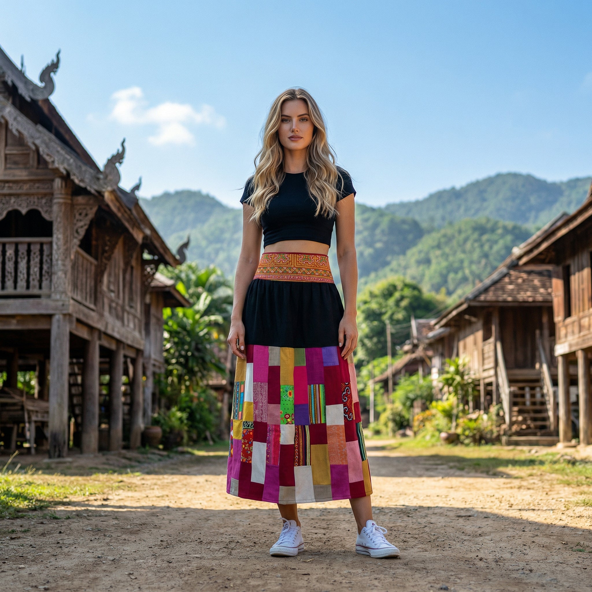Handcrafted Authentic Hmong Skirt Colorful Patchwork Pattern from Chiang Rai Thailand - Lalanna Design