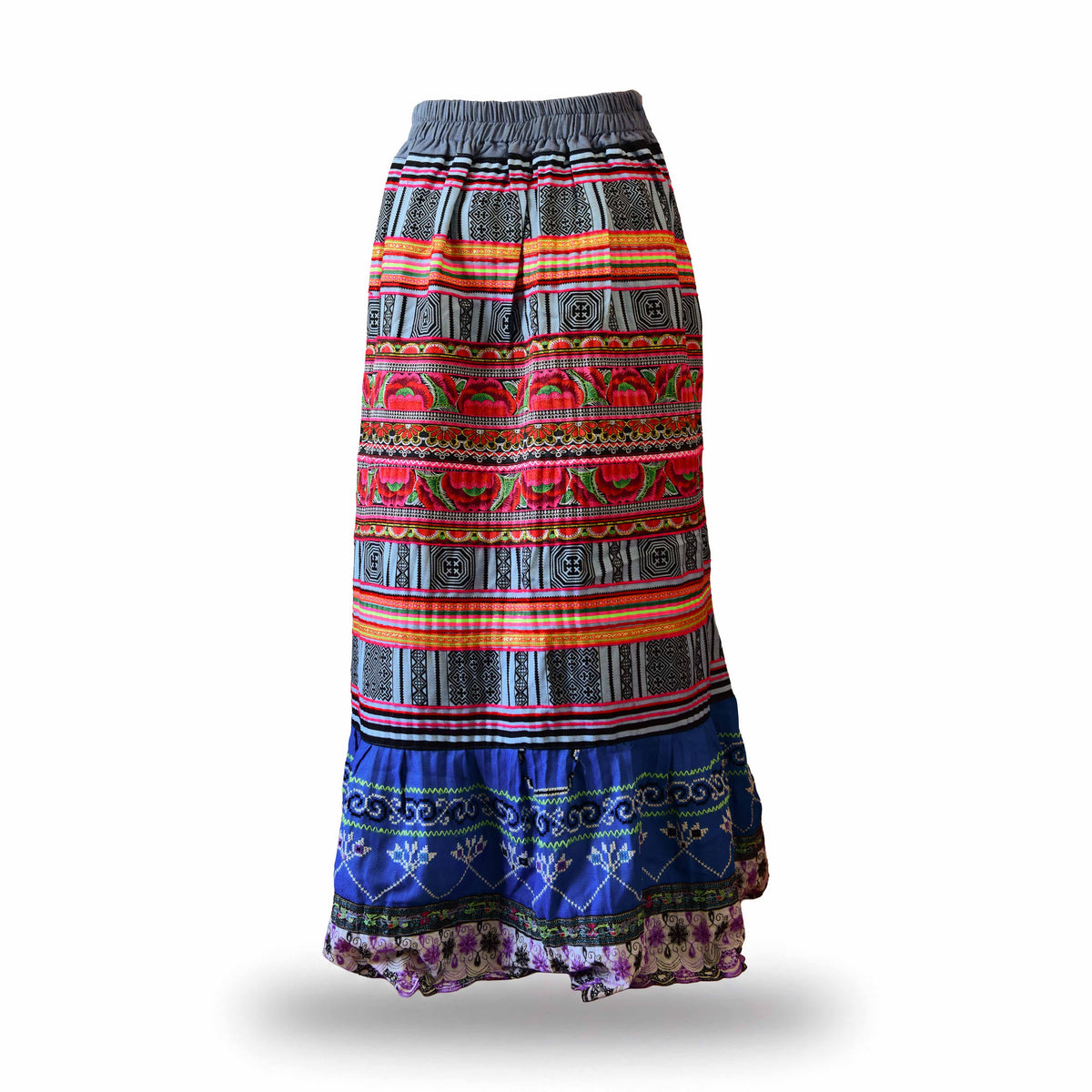 Handcrafted Authentic Hmong Skirt Multicolor Embroidered Hill Tribe Patterns from Chiang Mai Thailand - Lalanna Design