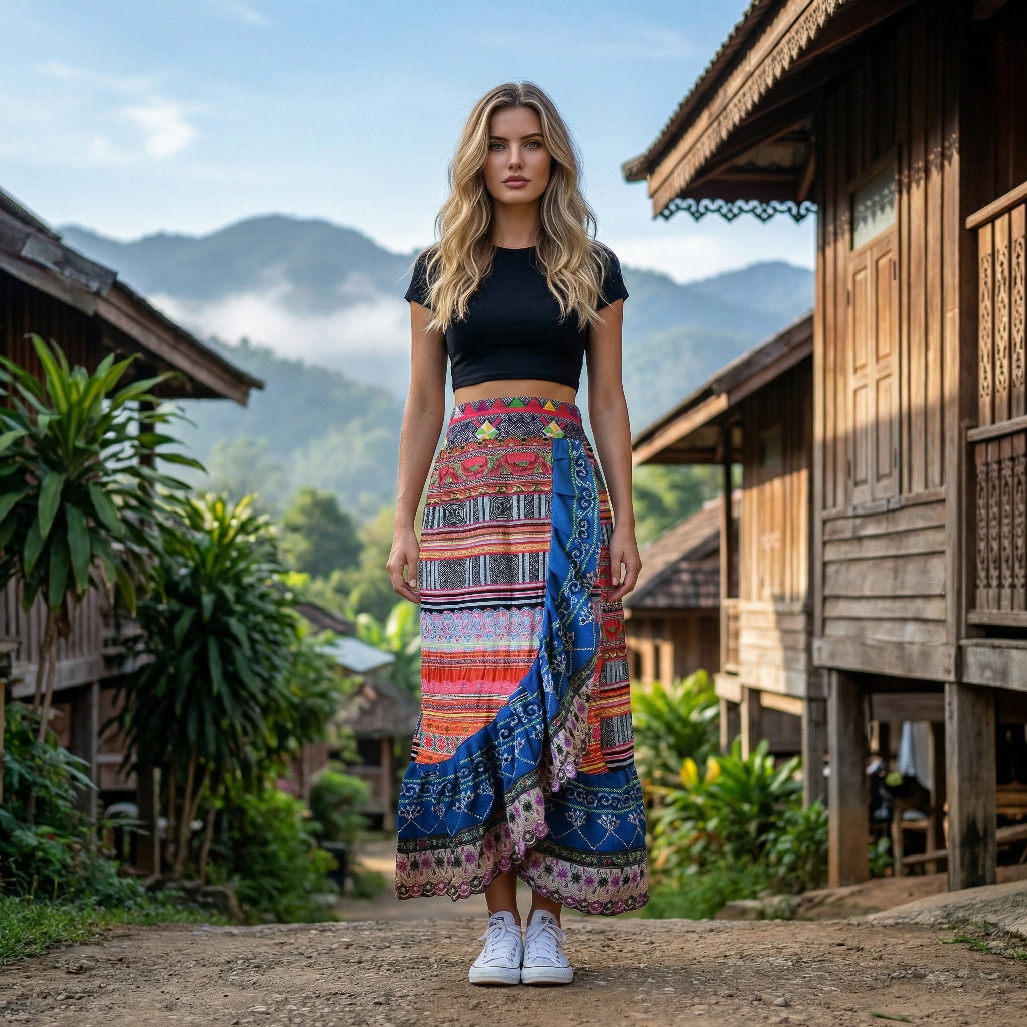Handcrafted Authentic Hmong Skirt Multicolor Embroidered Hill Tribe Patterns from Chiang Rai Thailand - Lalanna Design