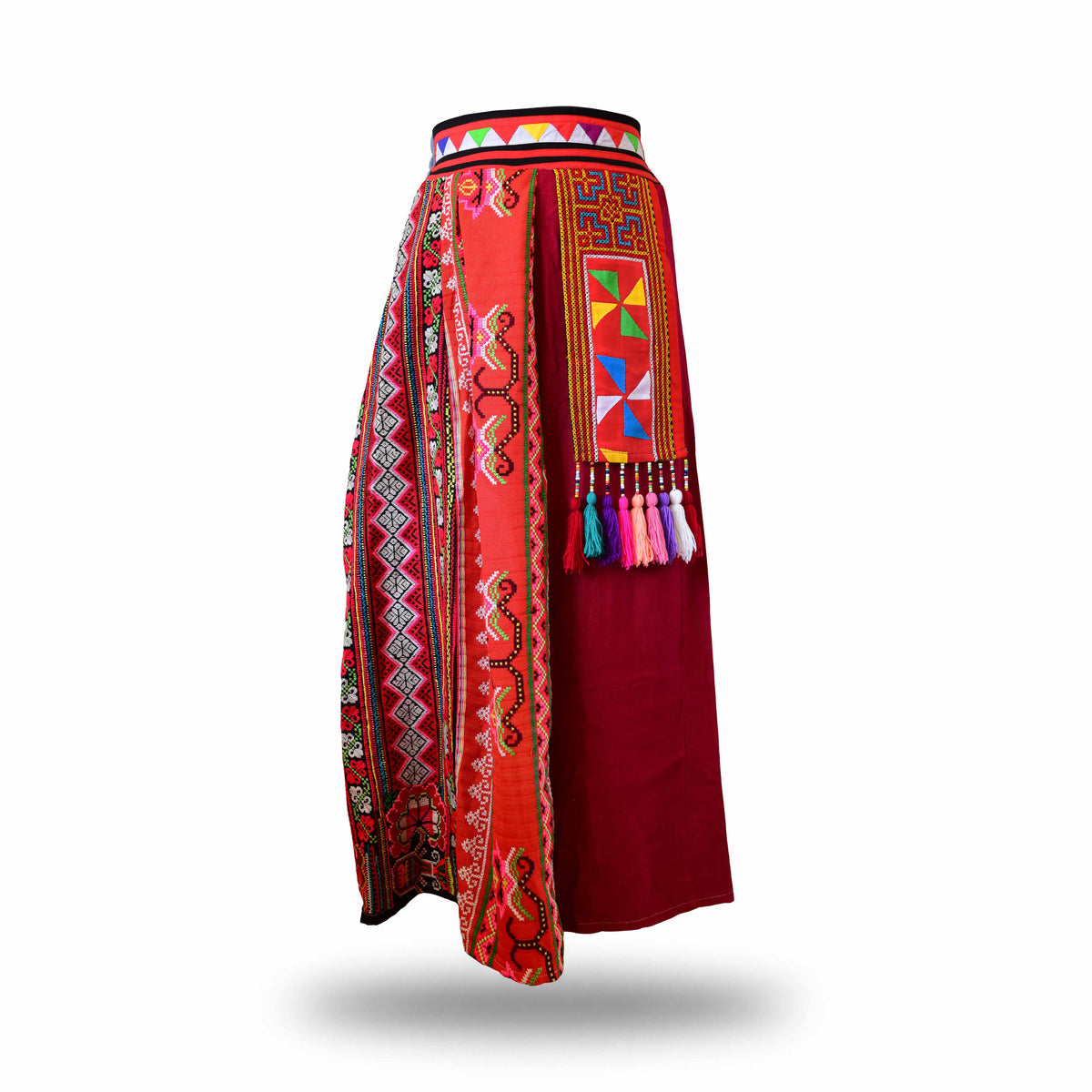 Handcrafted Authentic Hmong Skirt Red Embroidered with Beaded Tassels from Chiang Mai Thailand - Lalanna Design