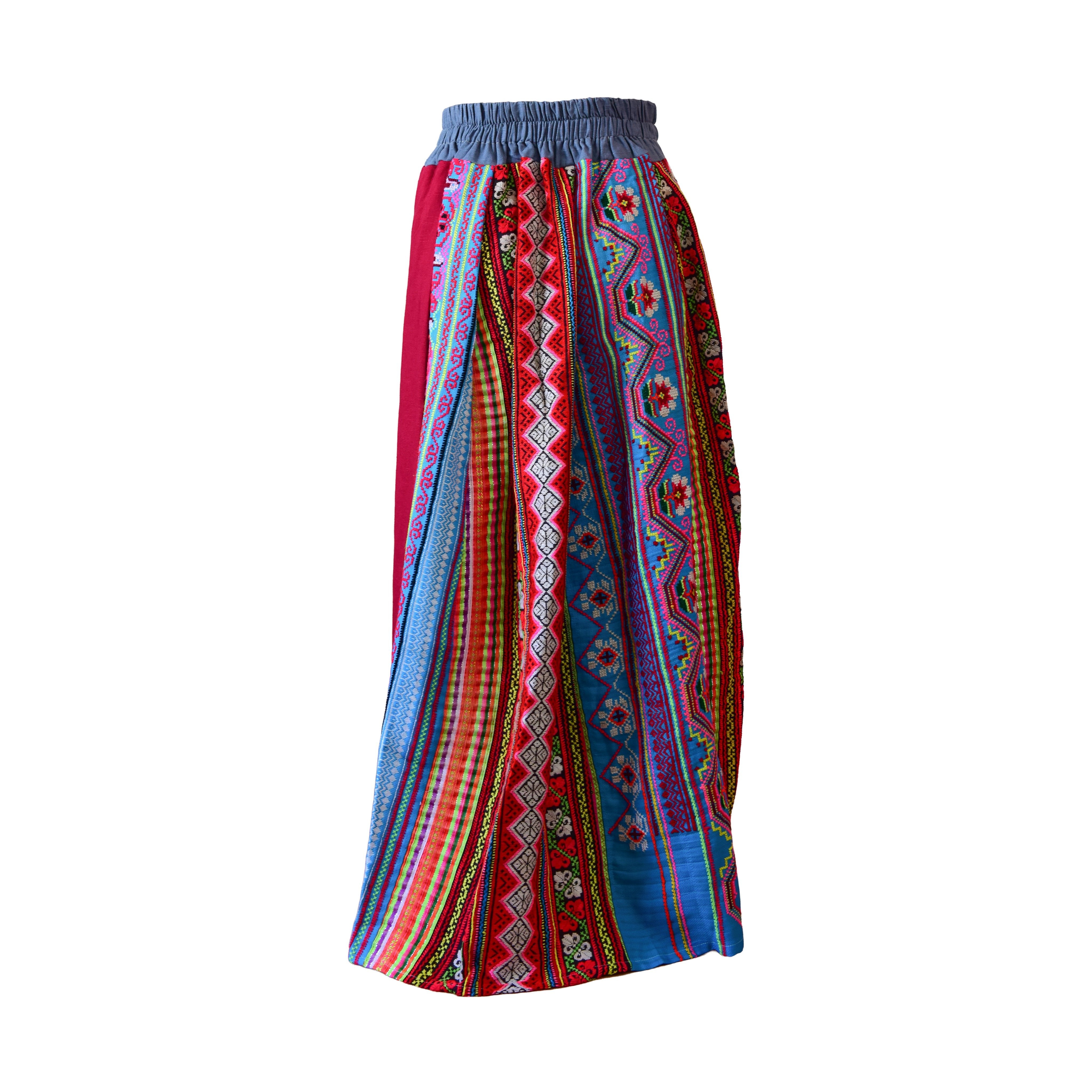 Handcrafted Authentic Hmong Skirt Red Embroidered with Beaded Tassels from Chiang Mai Thailand - Lalanna Design