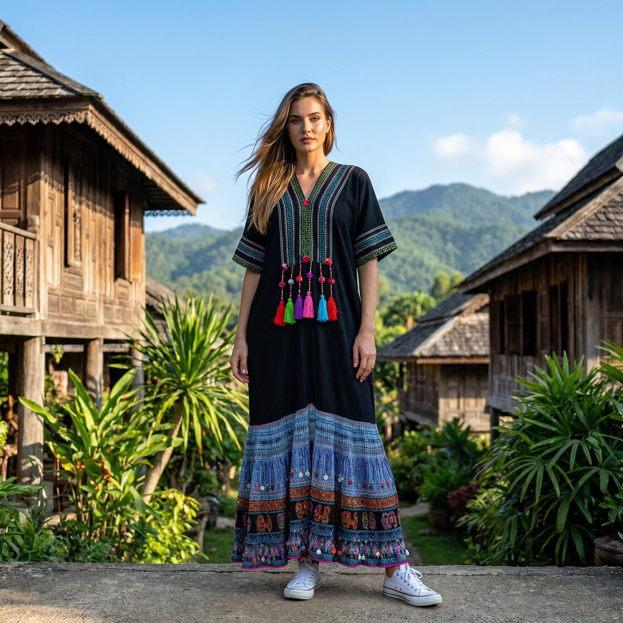 Handcrafted Black Lanna Dress With Blue-Green Embroidery from Chiang Rai Thailand - Lalanna Design