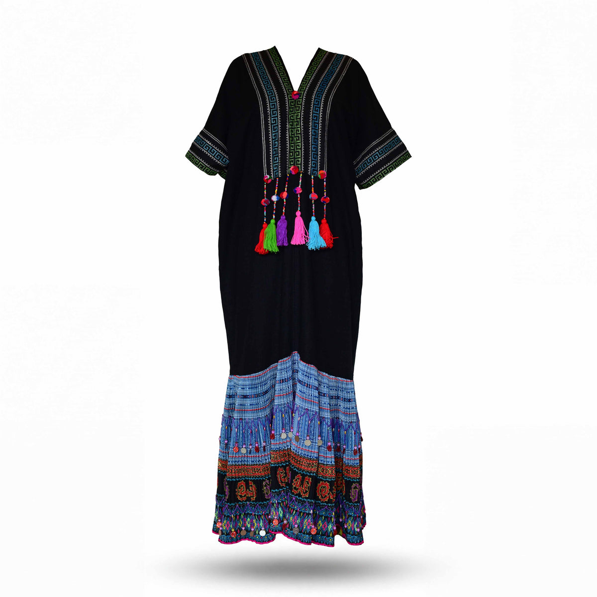 Handcrafted Black Lanna Dress With Blue-Green Embroidery from Chiang Mai Thailand - Lalanna Design