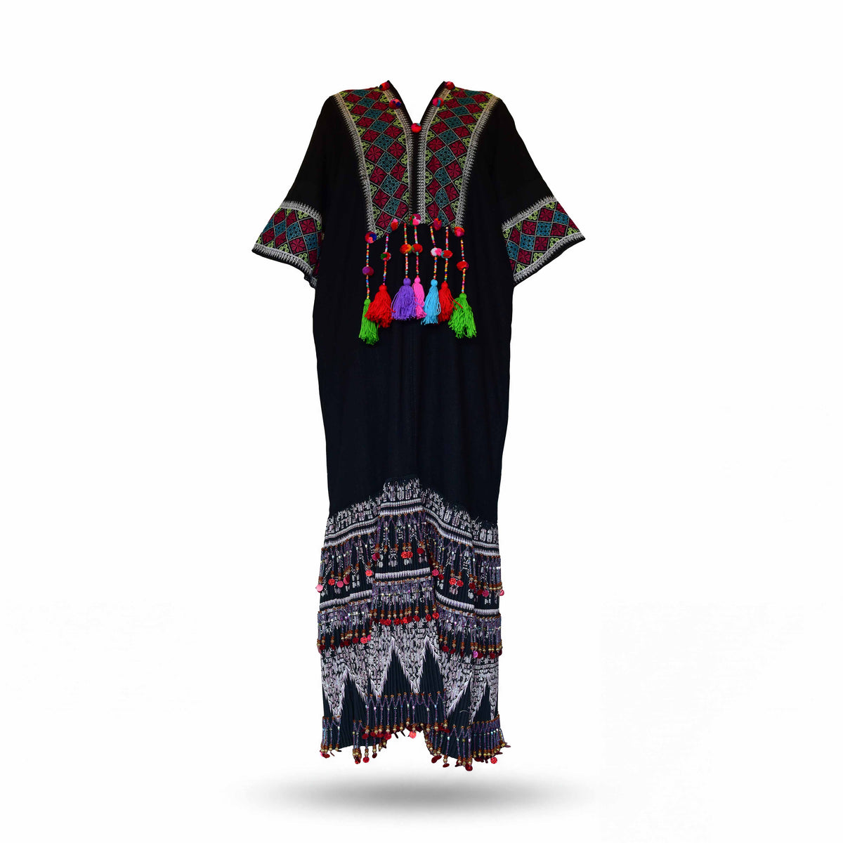 Handcrafted Black Lanna Dress With Grey-Red Embroidery from Chiang Mai Thailand - Lalanna Design