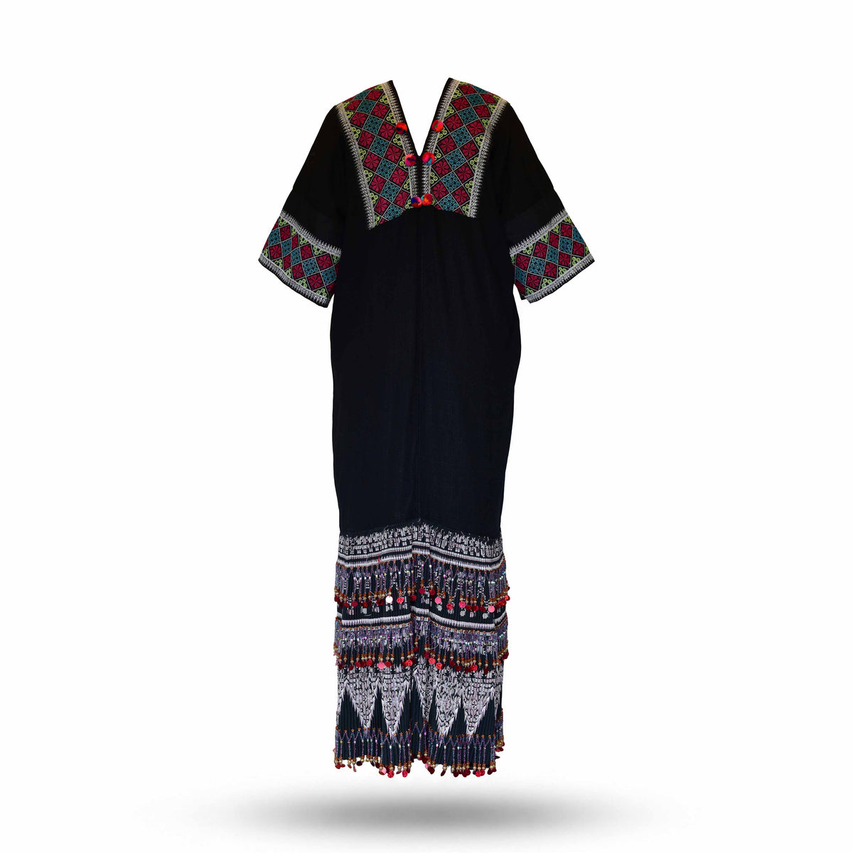 Handcrafted Black Lanna Dress With Grey-Red Embroidery from Chiang Mai Thailand - Lalanna Design