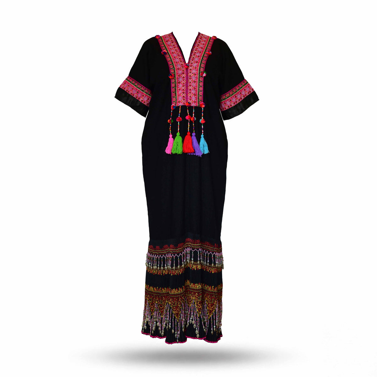 Handcrafted Black Lanna Dress With Red-Gold Embroidery from Chiang Mai Thailand - Lalanna Design