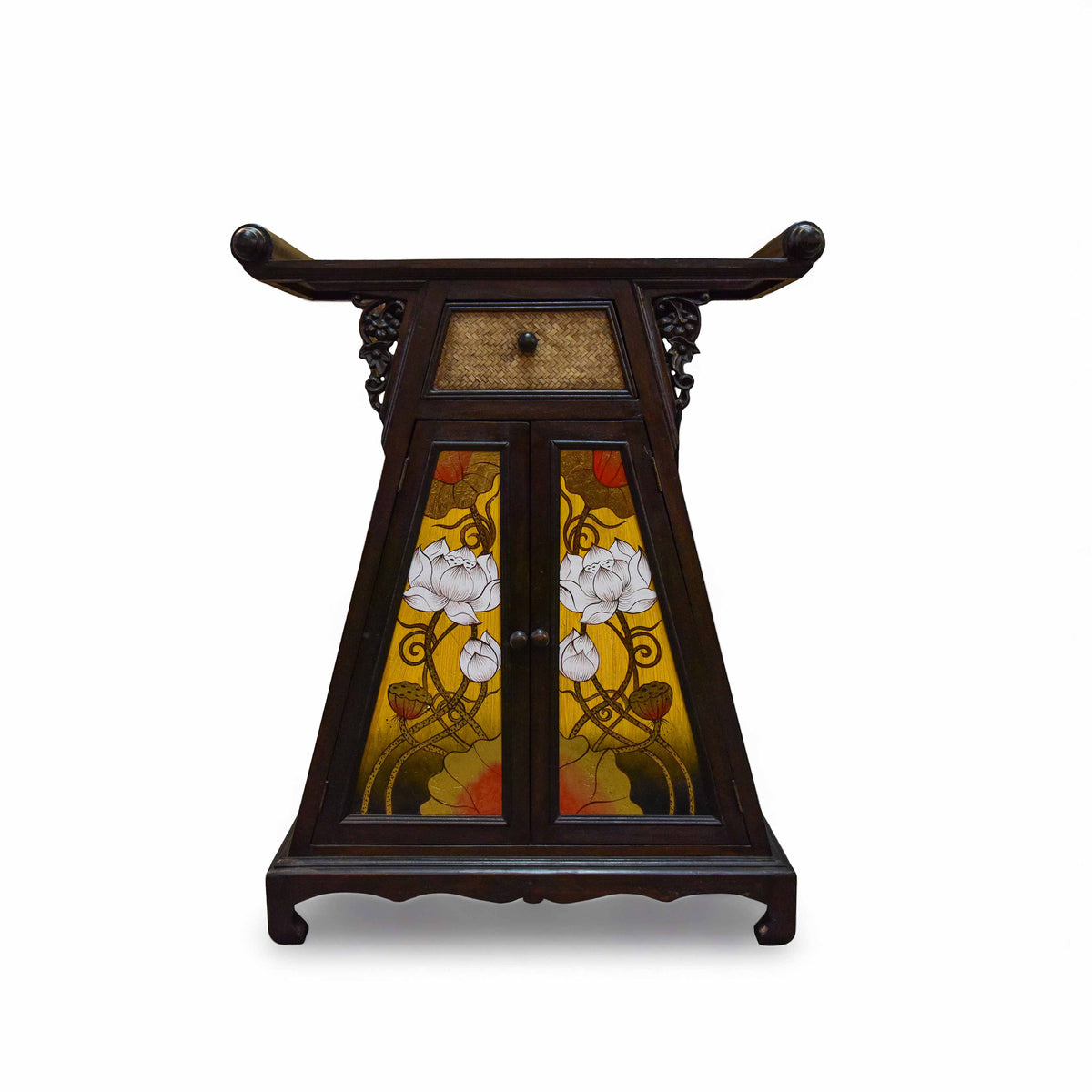 Handcrafted Cabinet in Solid Thai Hardwood with Hand-Painted Panels and Woven Bamboo from Chiang Mai Thailand - Lalanna Design