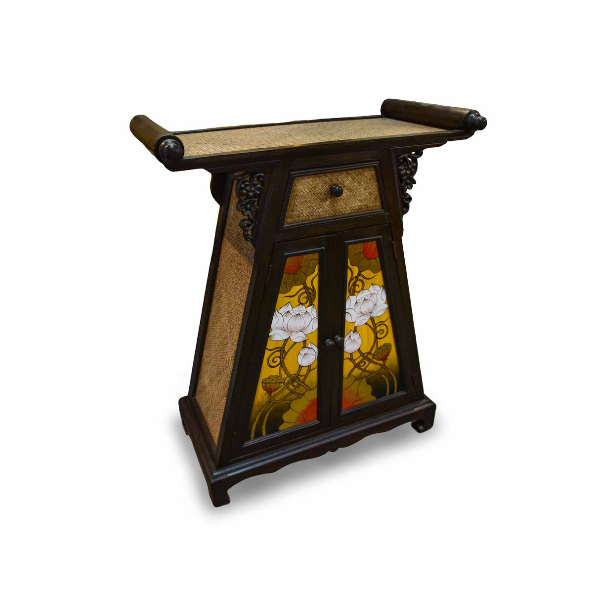 Handcrafted Cabinet in Solid Thai Hardwood with Hand-Painted Panels and Woven Bamboo from Chiang Mai Thailand - Lalanna Design