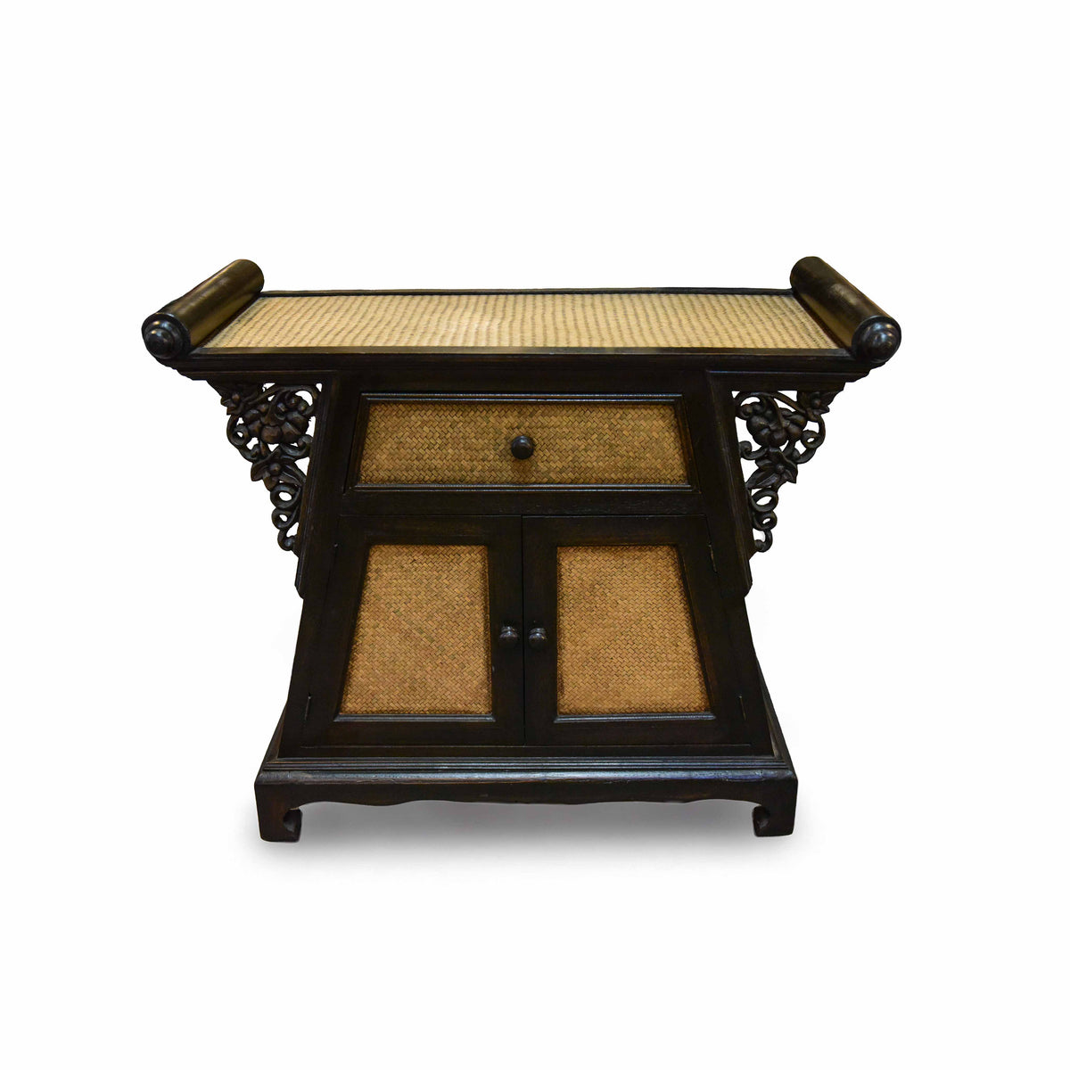 Handcrafted Cabinet in Solid Thai Hardwood with Woven Bamboo and Carved Grape Brackets from Chiang Mai Thailand - Lalanna Design