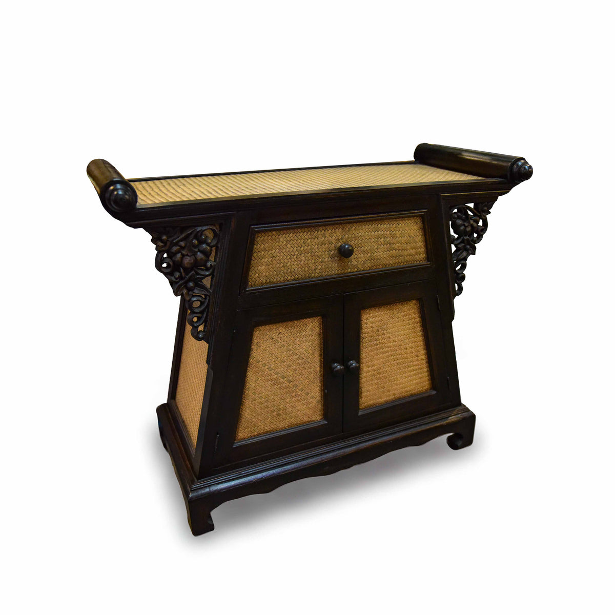 Handcrafted Cabinet in Solid Thai Hardwood with Woven Bamboo and Carved Grape Brackets from Chiang Mai Thailand - Lalanna Design