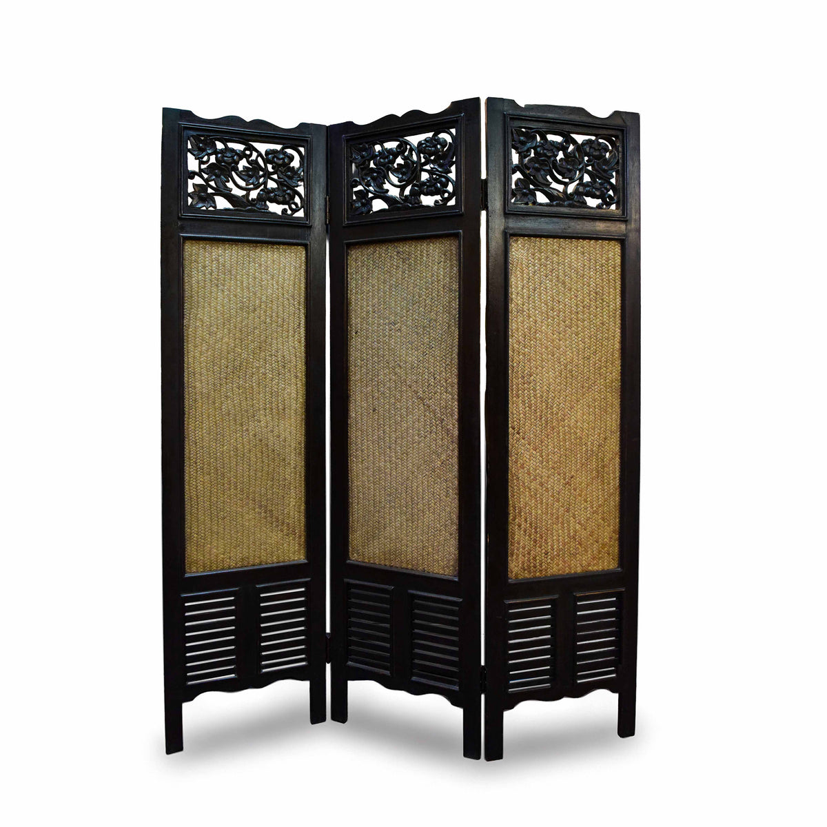 Handcrafted Carved Wood 3-Panel Room Divider in Solid Thai Hardwood with Woven Bamboo Inlays from Chiang Mai Thailand - Lalanna Design