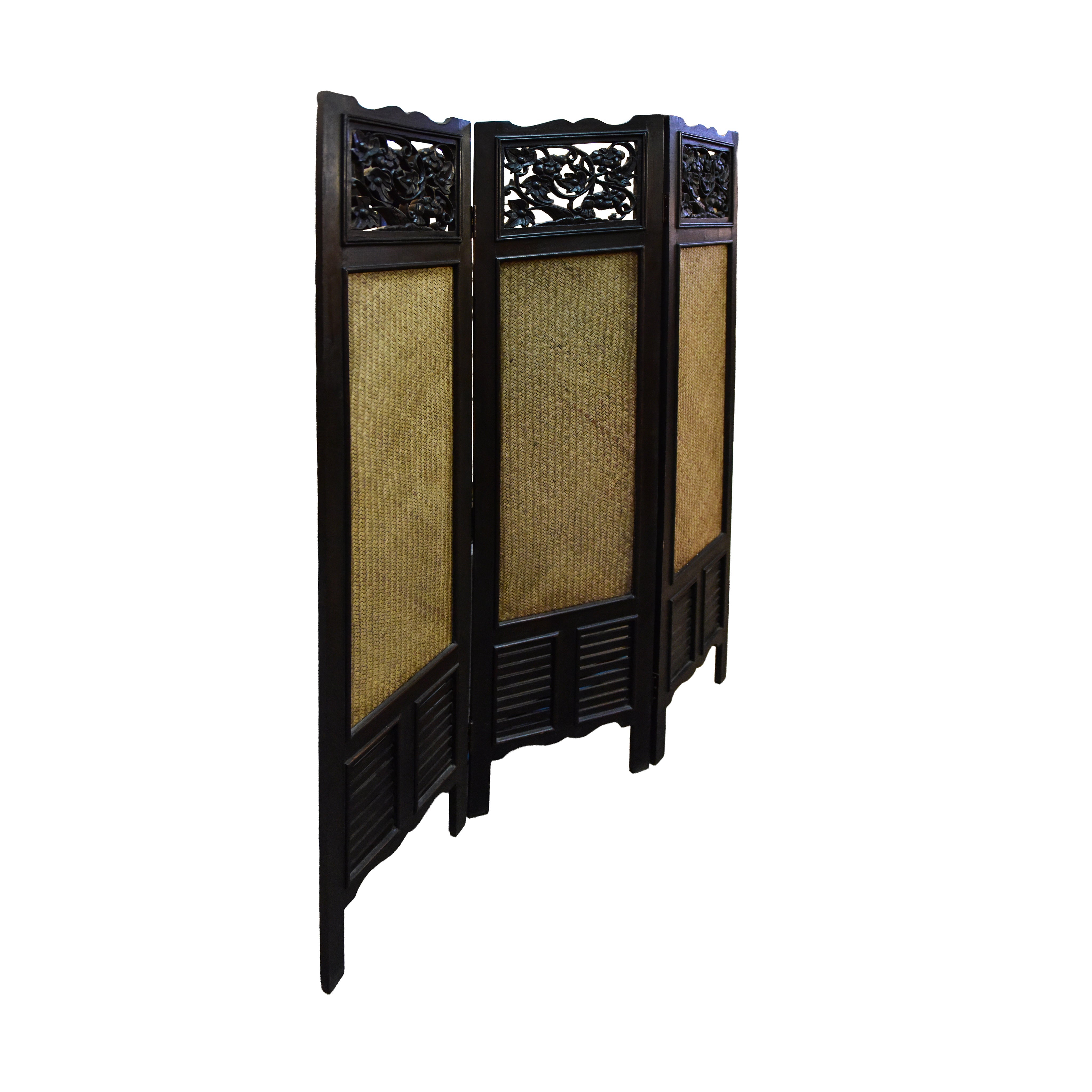 Handcrafted Carved Wood 3-Panel Room Divider in Solid Thai Hardwood with Woven Bamboo Inlays from Chiang Mai Thailand - Lalanna Design