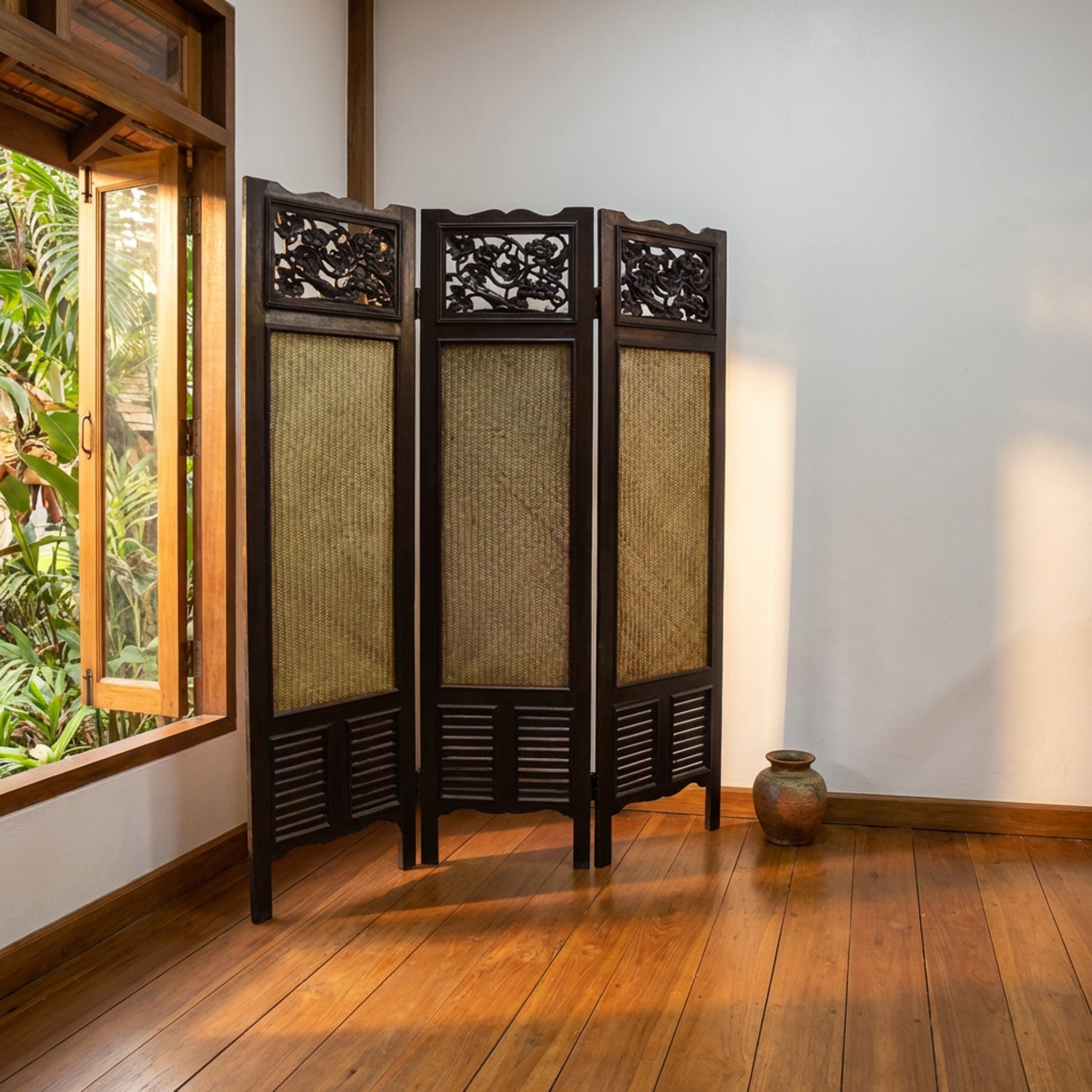 Handcrafted Carved Wood 3-Panel Room Divider in Solid Thai Hardwood with Woven Bamboo Inlays from Chiang Rai Thailand - Lalanna Design