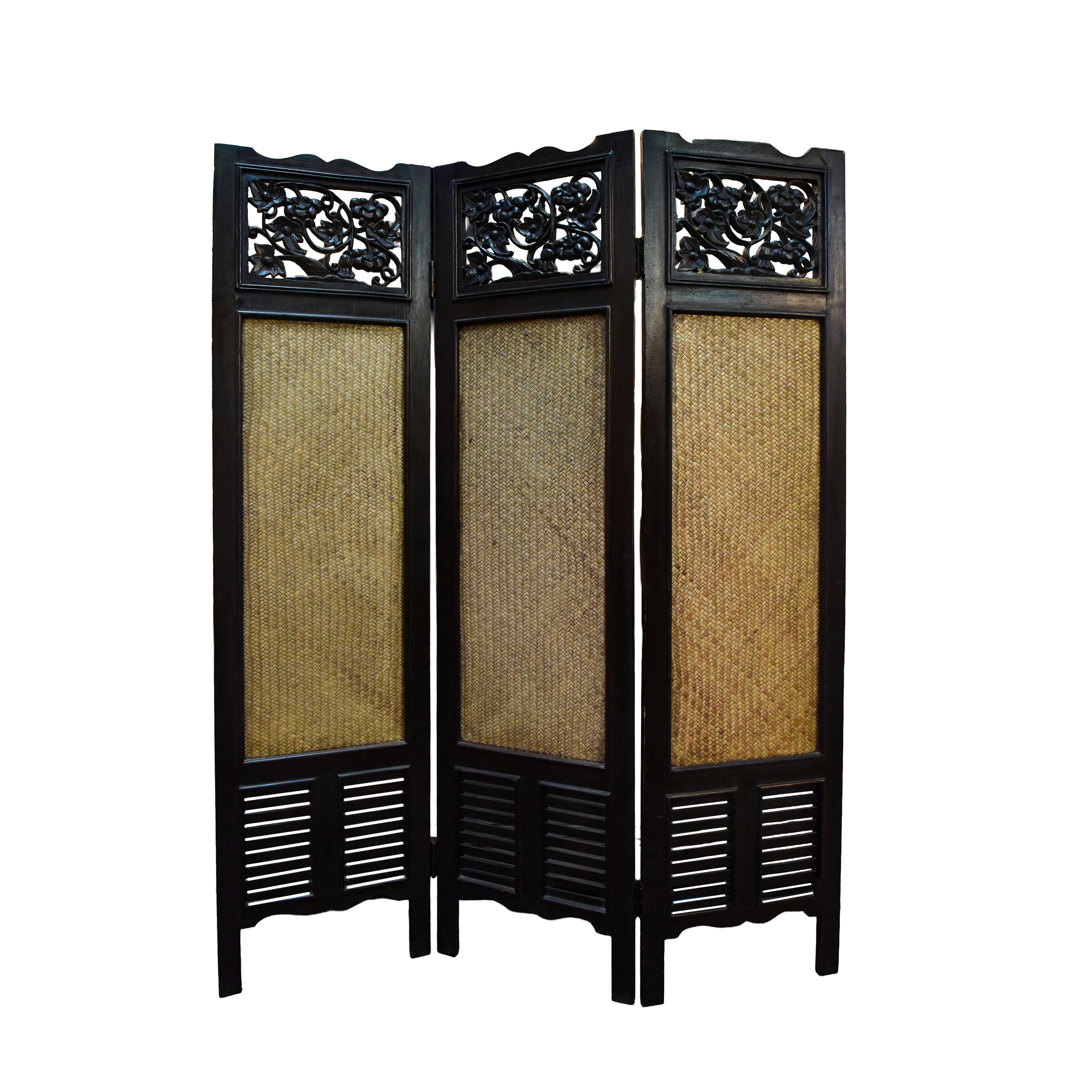 Handcrafted Carved Wood 3-Panel Room Divider in Solid Thai Hardwood with Woven Bamboo Inlays from Chiang Rai Thailand - Lalanna Design