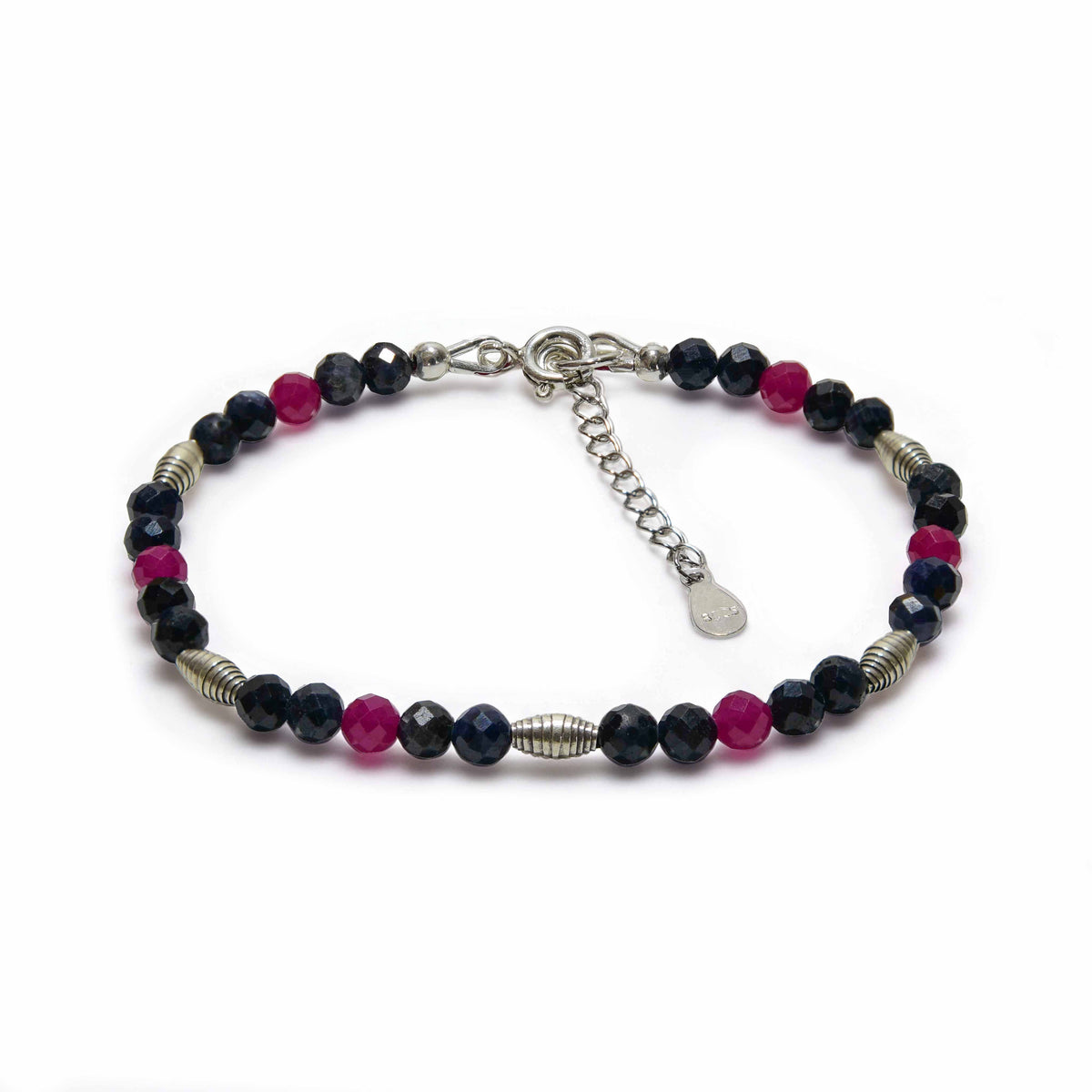 Handcrafted Bracelet Faceted Blue Sapphire and Ruby Bracelet with Silver Spacers, Handmade Jewelry from Chiang Mai Thailand - Lalanna Design