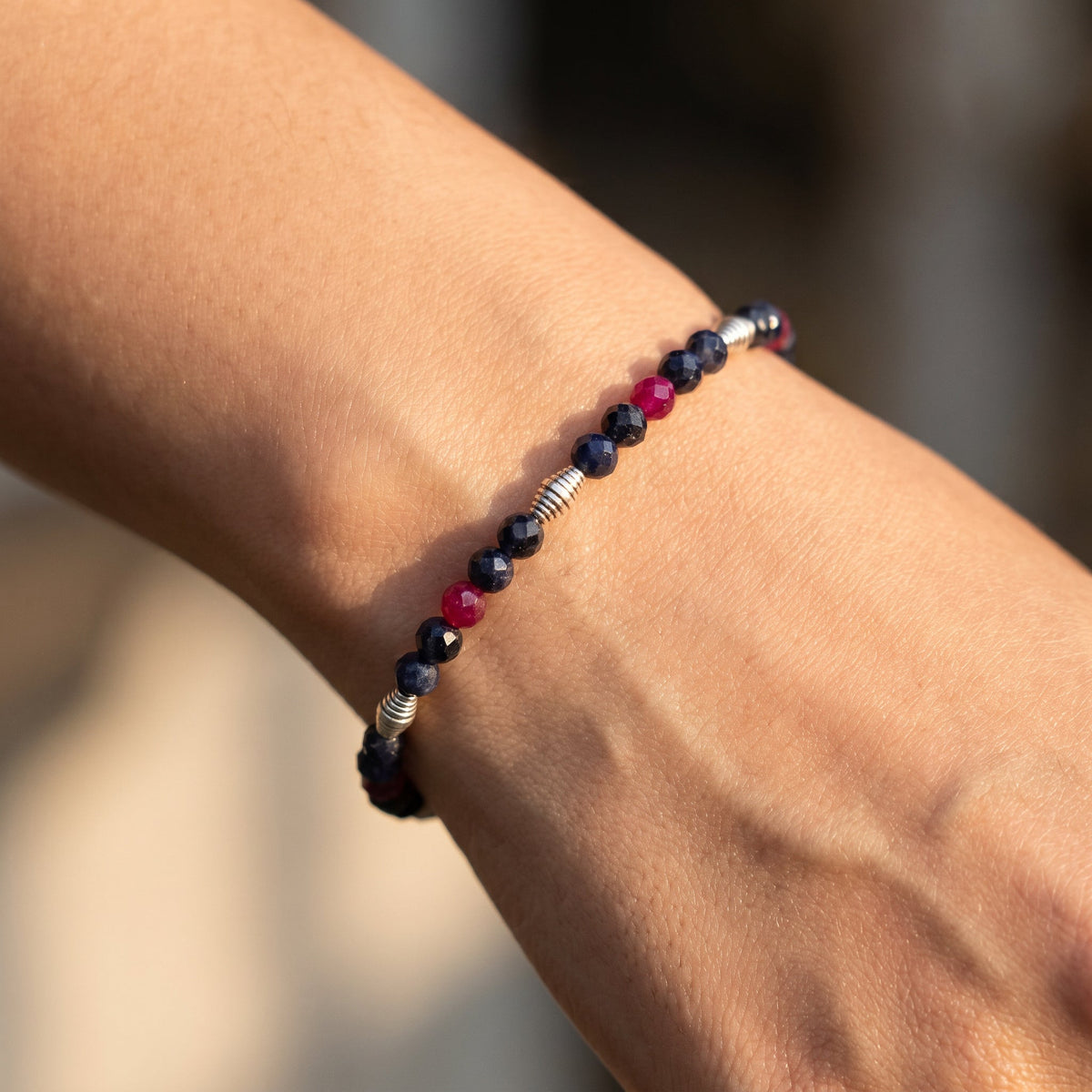 Handcrafted Bracelet Faceted Blue Sapphire and Ruby Bracelet with Silver Spacers, Handmade Jewelry from Chiang Mai Thailand - Lalanna Design