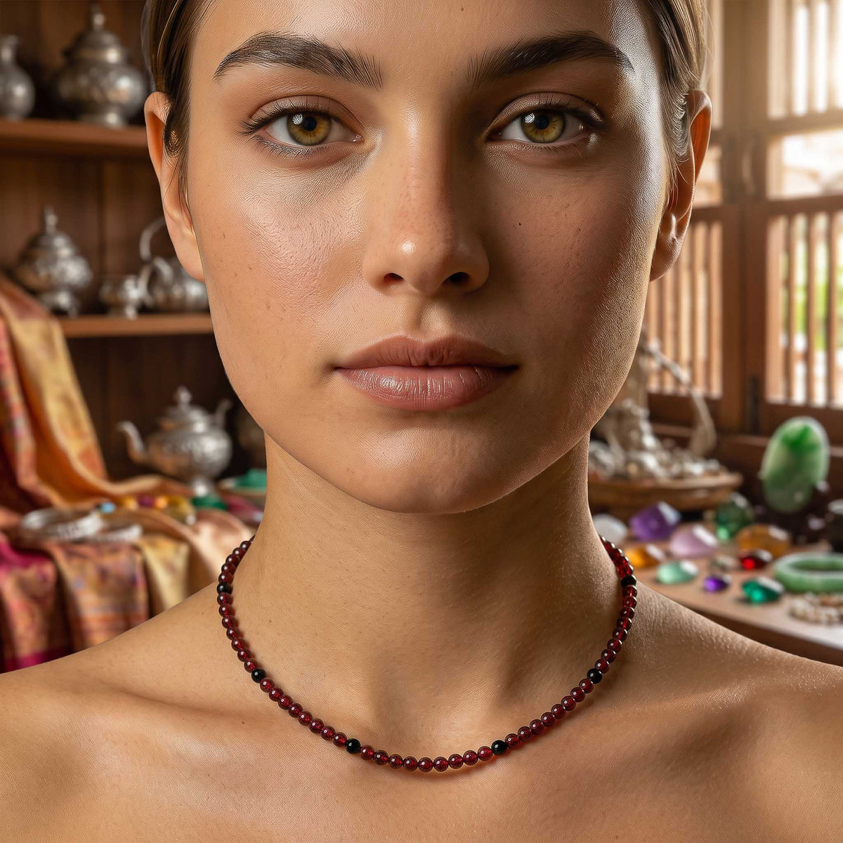 Handcrafted Necklace Garnet and Black Turmaline Necklace, Handmade Jewelry from Chiang Mai Thailand - Lalanna Design