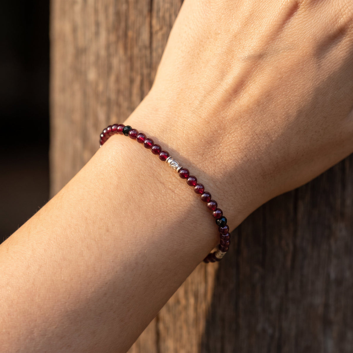 Handcrafted Bracelet Garnet and Faceted Black Tourmaline Bracelet with Silver Spacers, Handmade Jewelry from Chiang Mai Thailand - Lalanna Design