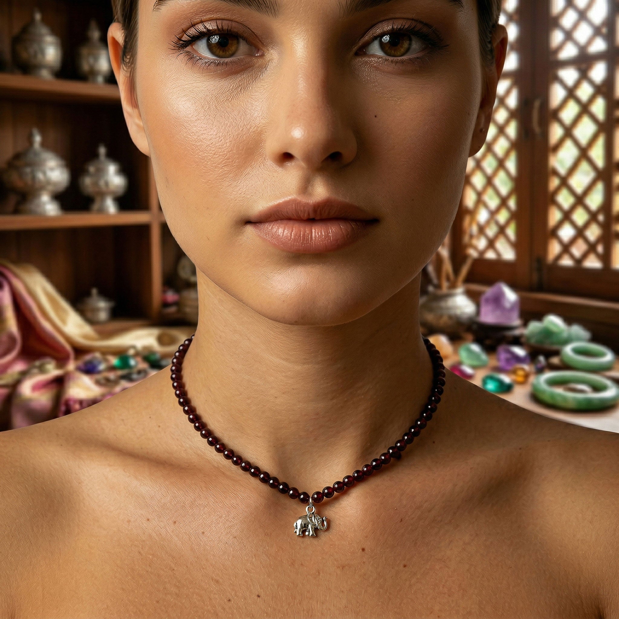 Handcrafted Garnet Necklace with Silver Elephant Pendant from Chiang Mai Thailand - Lalanna Design