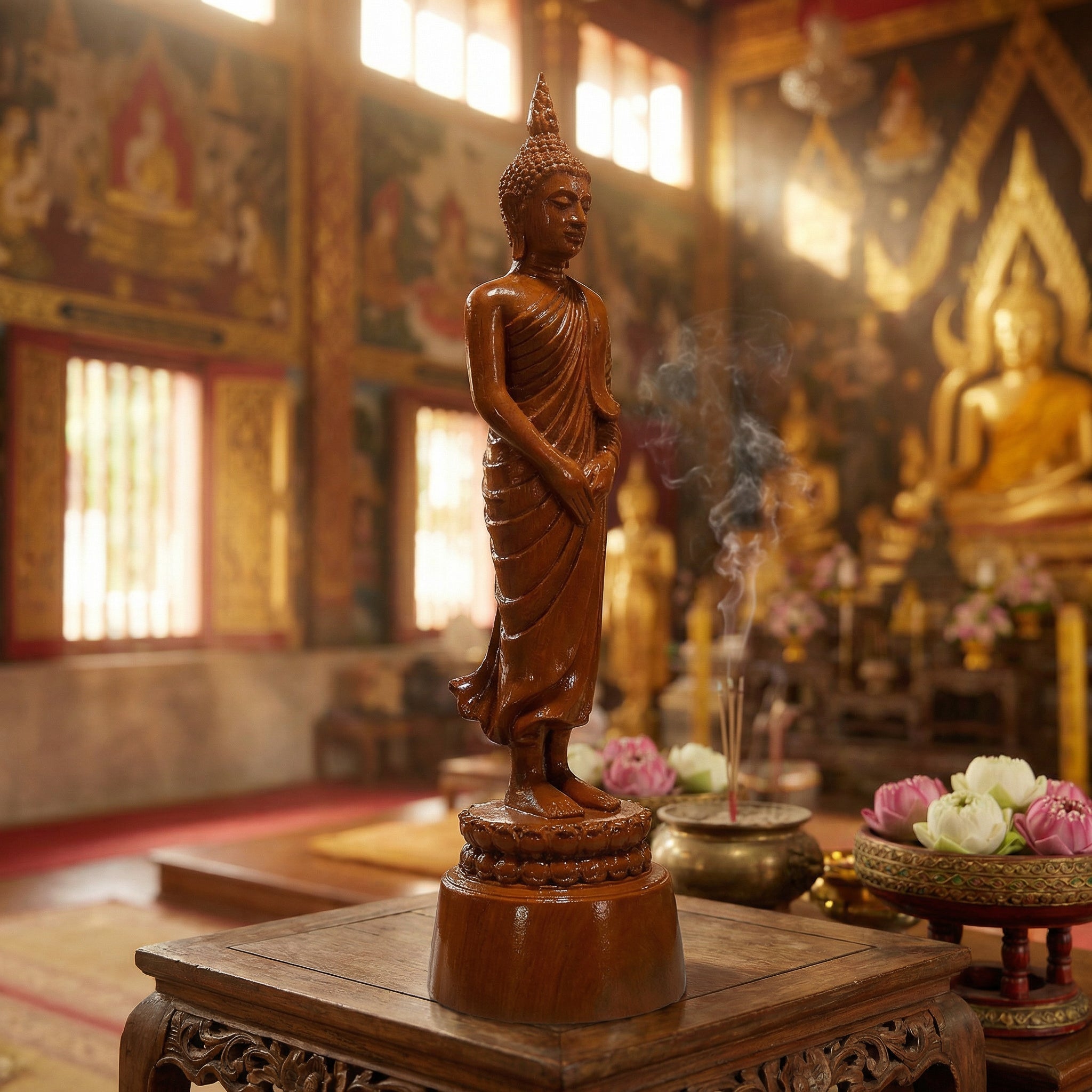 Handcrafted Hand-carved Standing Buddha Statue in Premium Jackfruit Wood – Lanna Artisan Craft from Chiang Rai Thailand - Lalanna Design