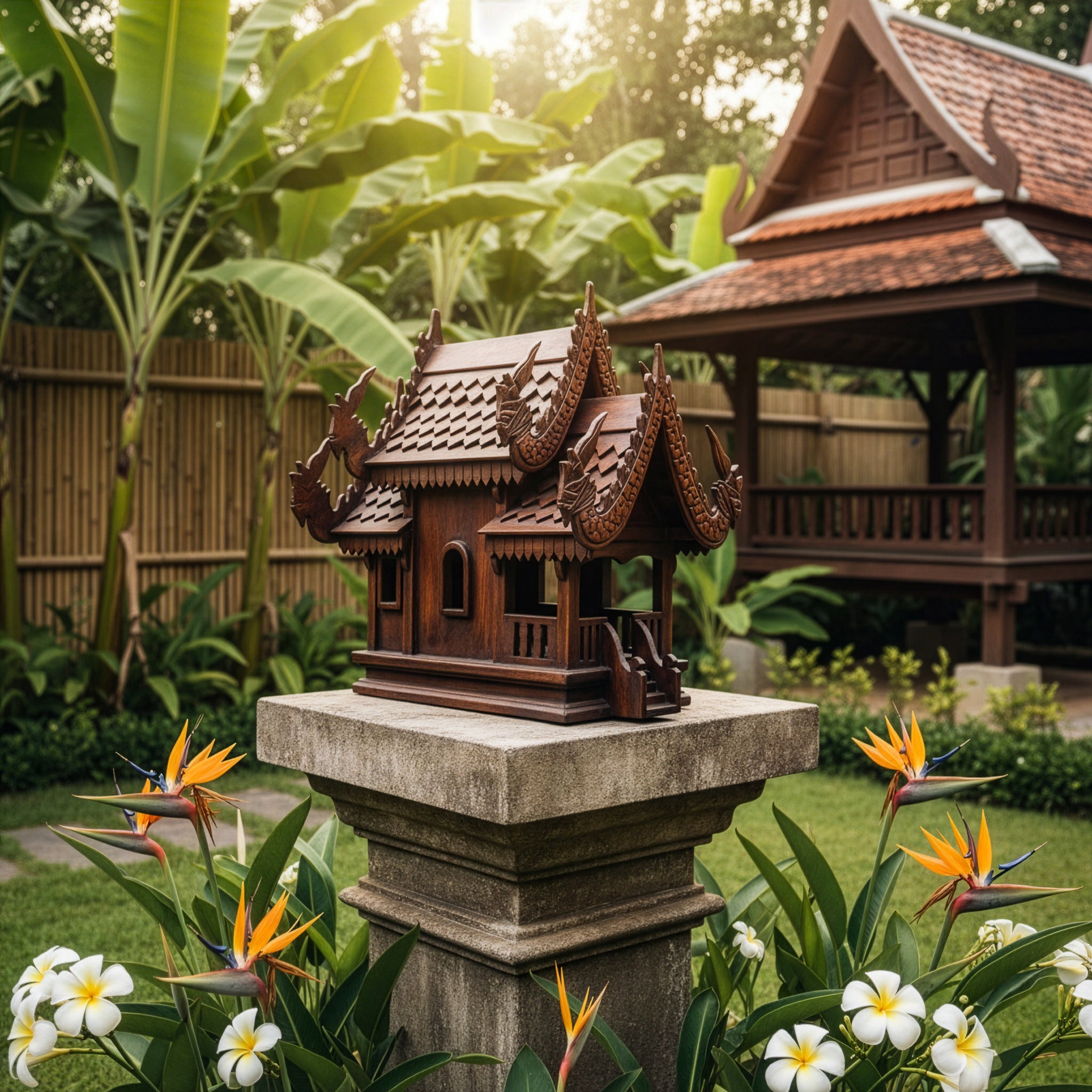 Handcrafted Hand-Carved Teak Naga Spirit House from Chiang Rai Thailand - Lalanna Design