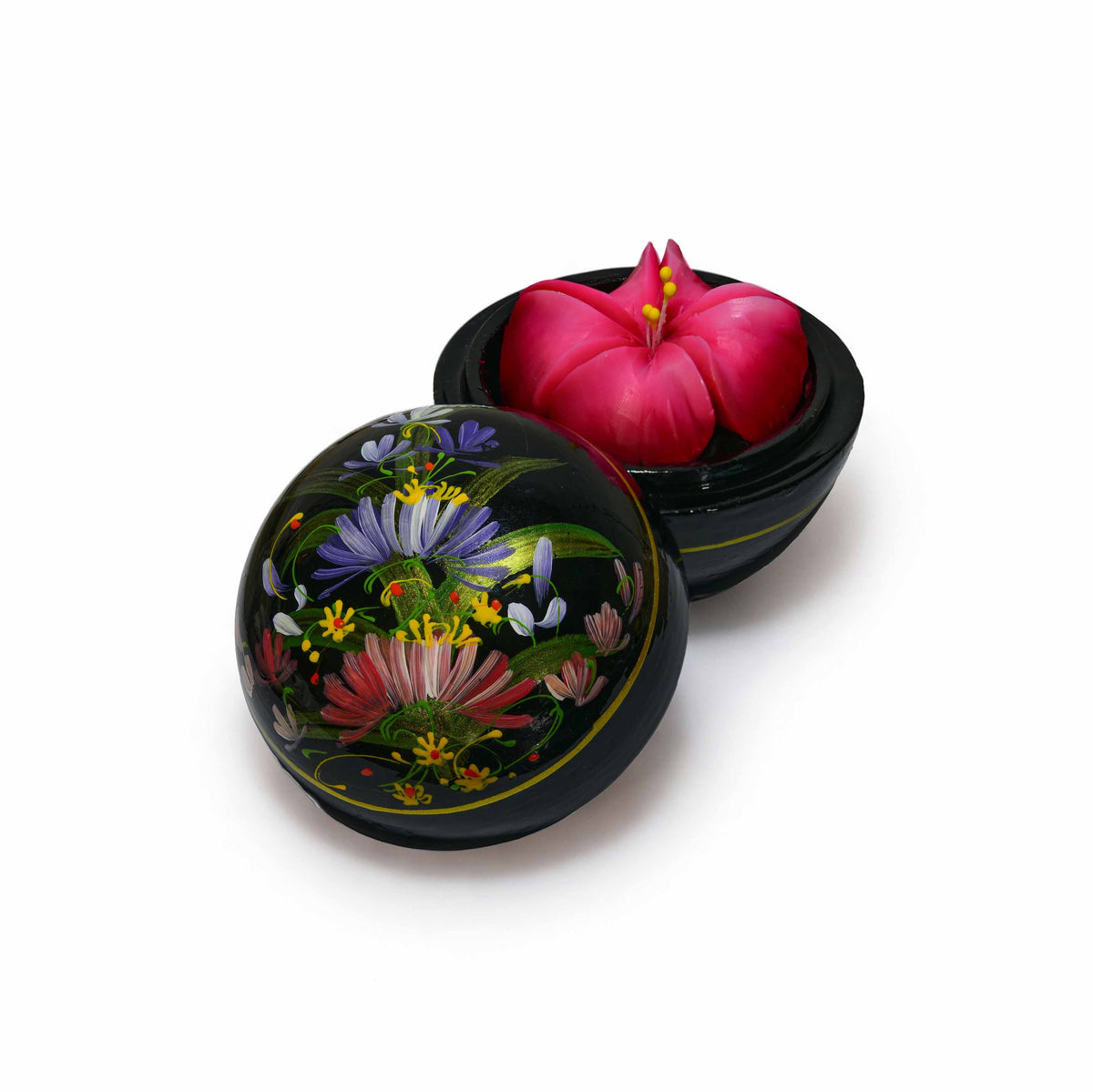 Handcrafted Hand-Carved Thai Soap Resembling Hibiscus Flower in Hand-Painted Lacquer Box - Decorative Gift from Chiang Mai Thailand - Lalanna Design