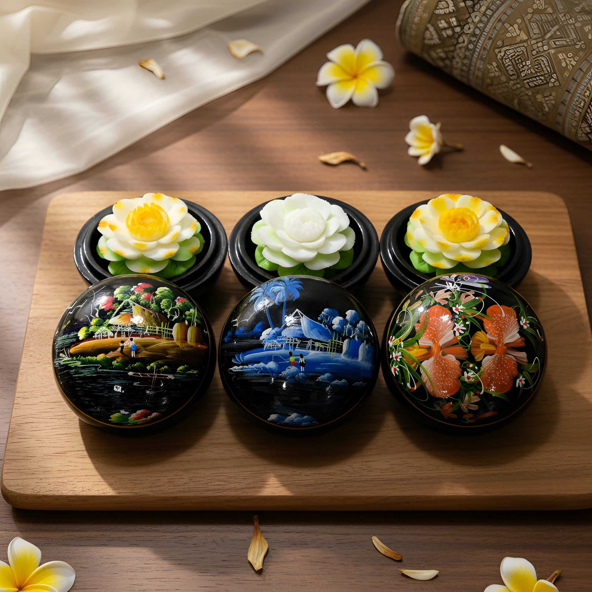 Handcrafted Hand-Carved Thai Soap Resembling Jasmine Flower in Hand-Painted Lacquer Box - Decorative Gift from Chiang Rai Thailand - Lalanna Design