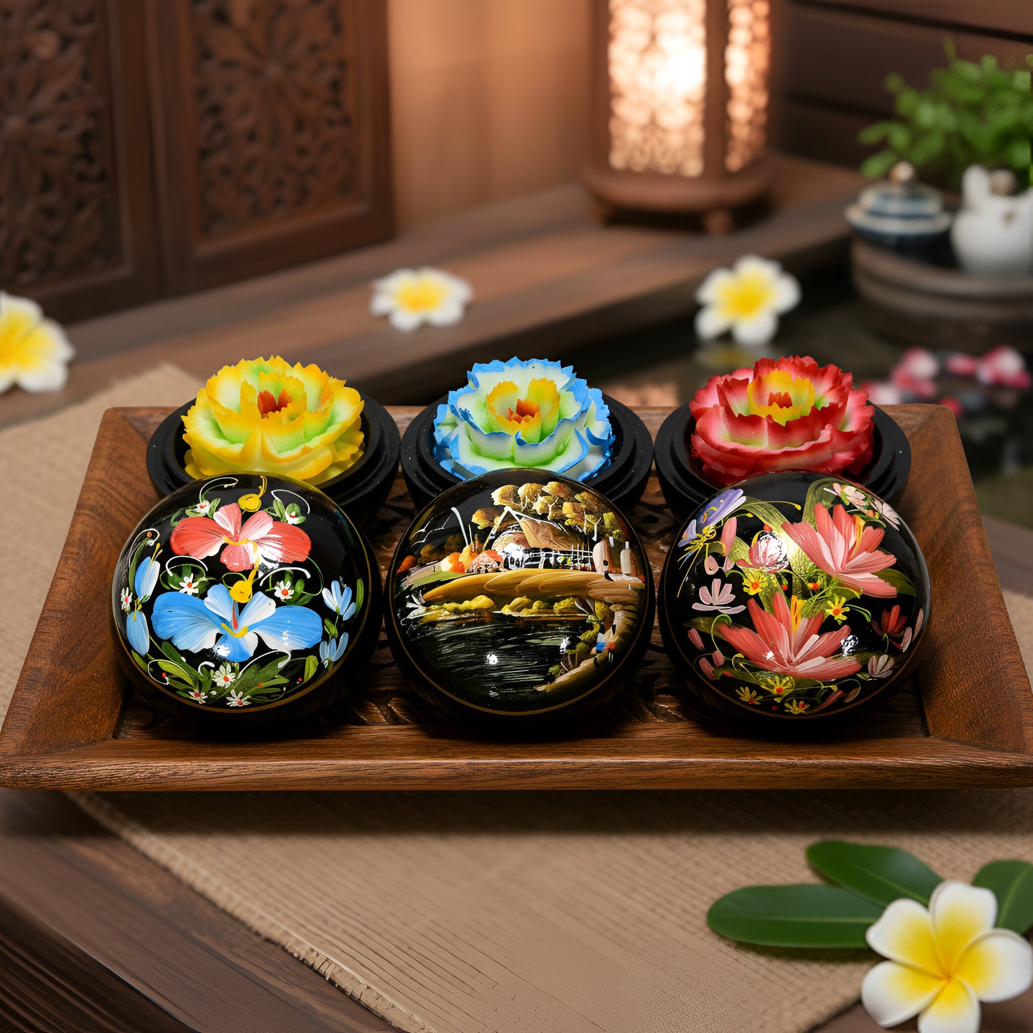 Handcrafted Hand-Carved Thai Soap Resembling Kalanchoe Flower in Hand-Painted Lacquer Box - Decorative Gift from Chiang Rai Thailand - Lalanna Design