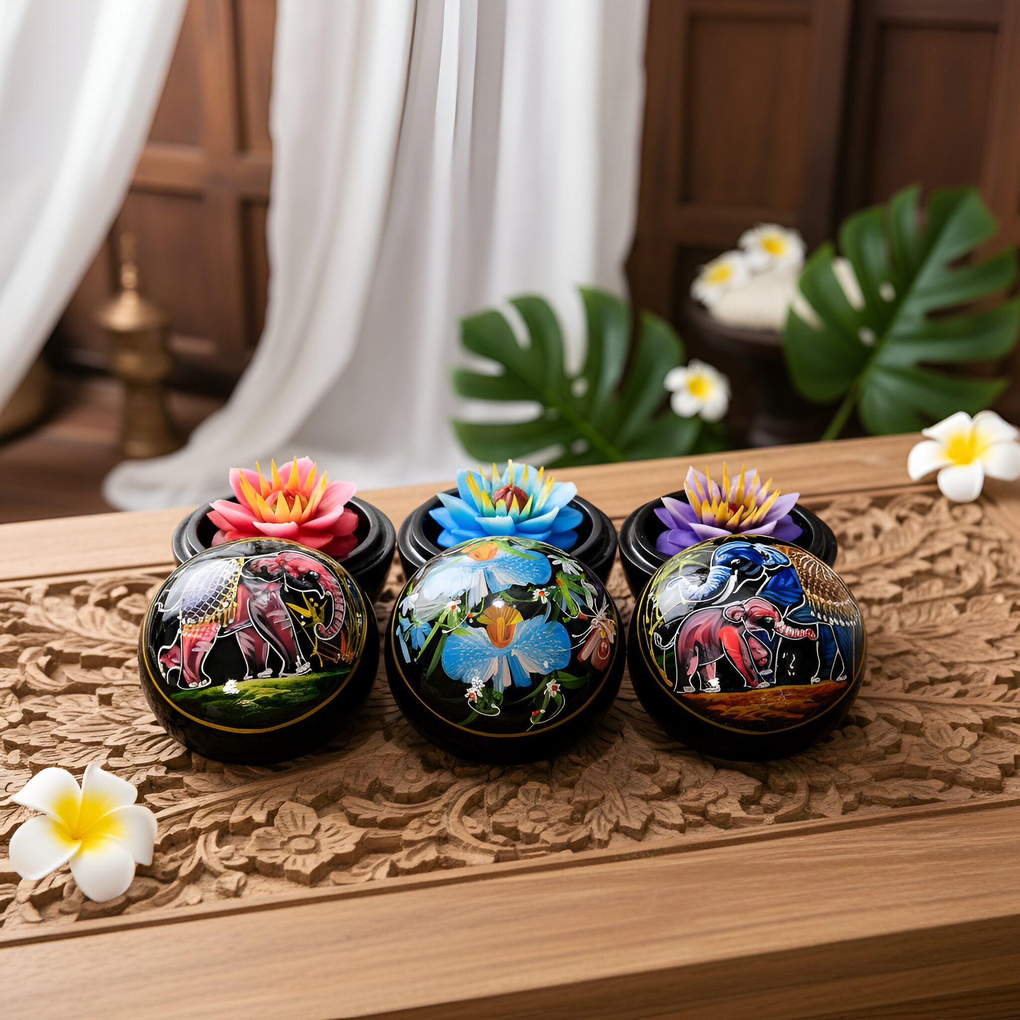 Handcrafted Hand-Carved Thai Soap Resembling Lotus Flower in Hand-Painted Lacquer Box - Decorative Gift from Chiang Rai Thailand - Lalanna Design