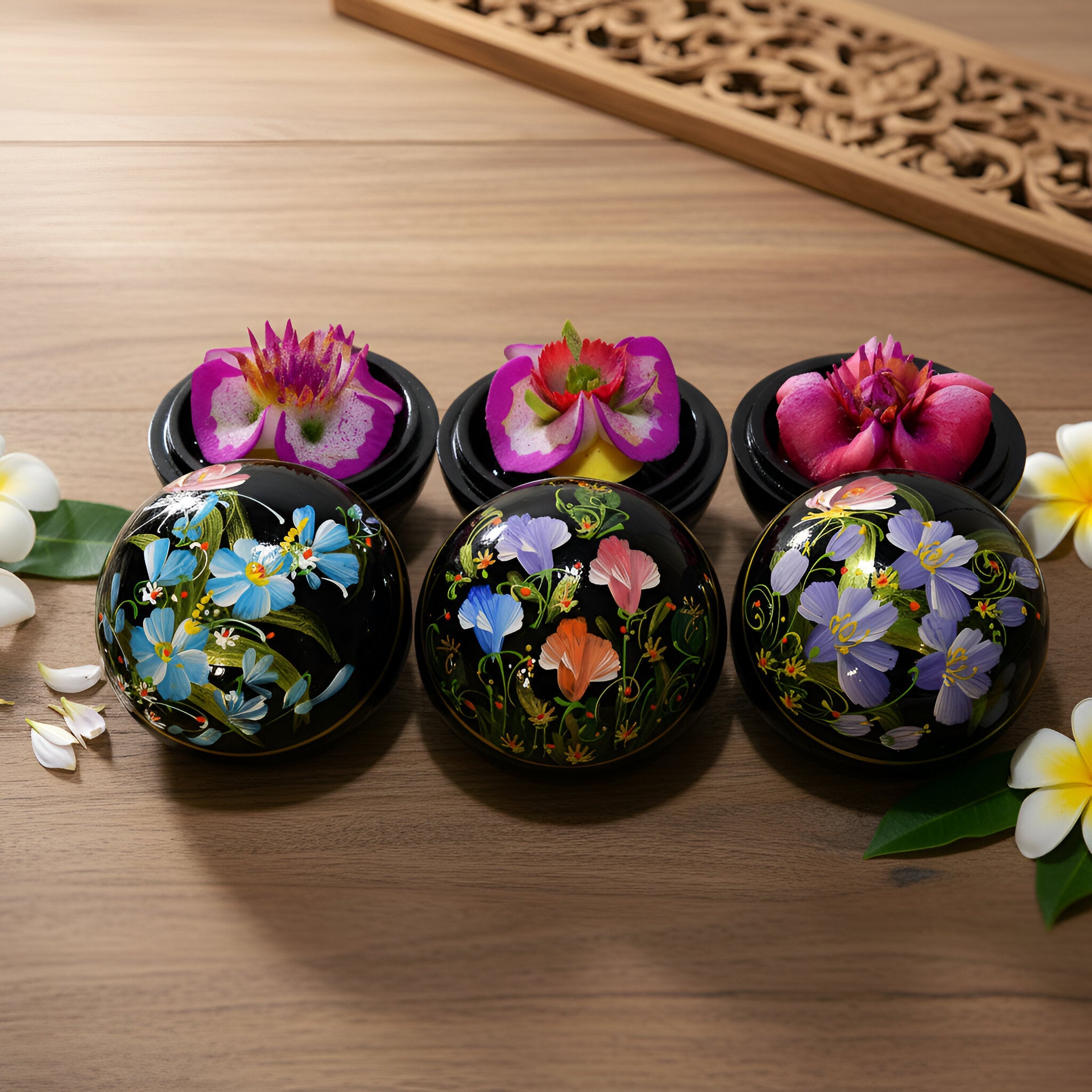 Handcrafted Hand-Carved Thai Soap Resembling Orchid Flower in Hand-Painted Lacquer Box - Decorative Gift from Chiang Rai Thailand - Lalanna Design