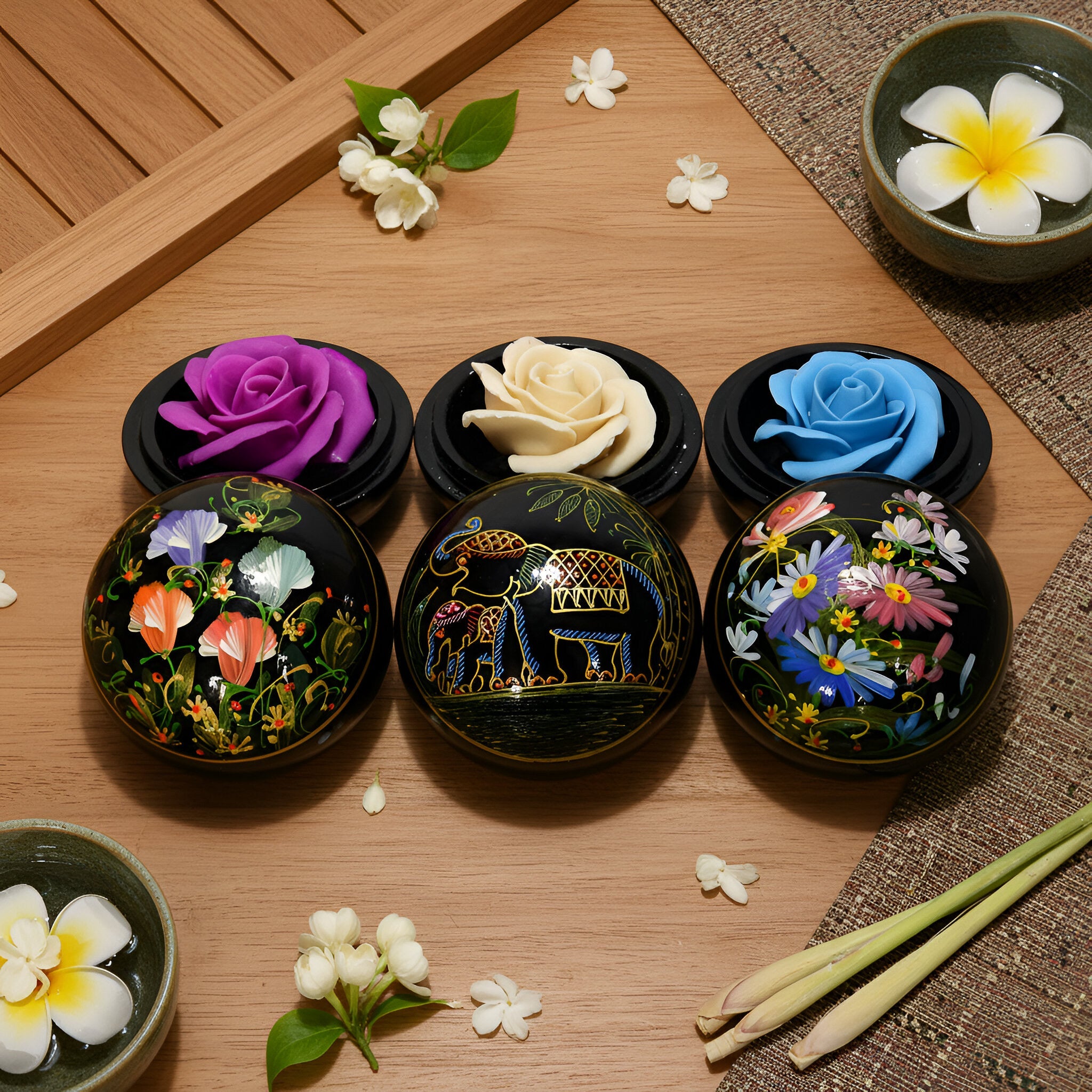 Handcrafted Hand-Carved Thai Soap Resembling Rose Flower in Hand-Painted Lacquer Box - Decorative Gift from Chiang Rai Thailand - Lalanna Design