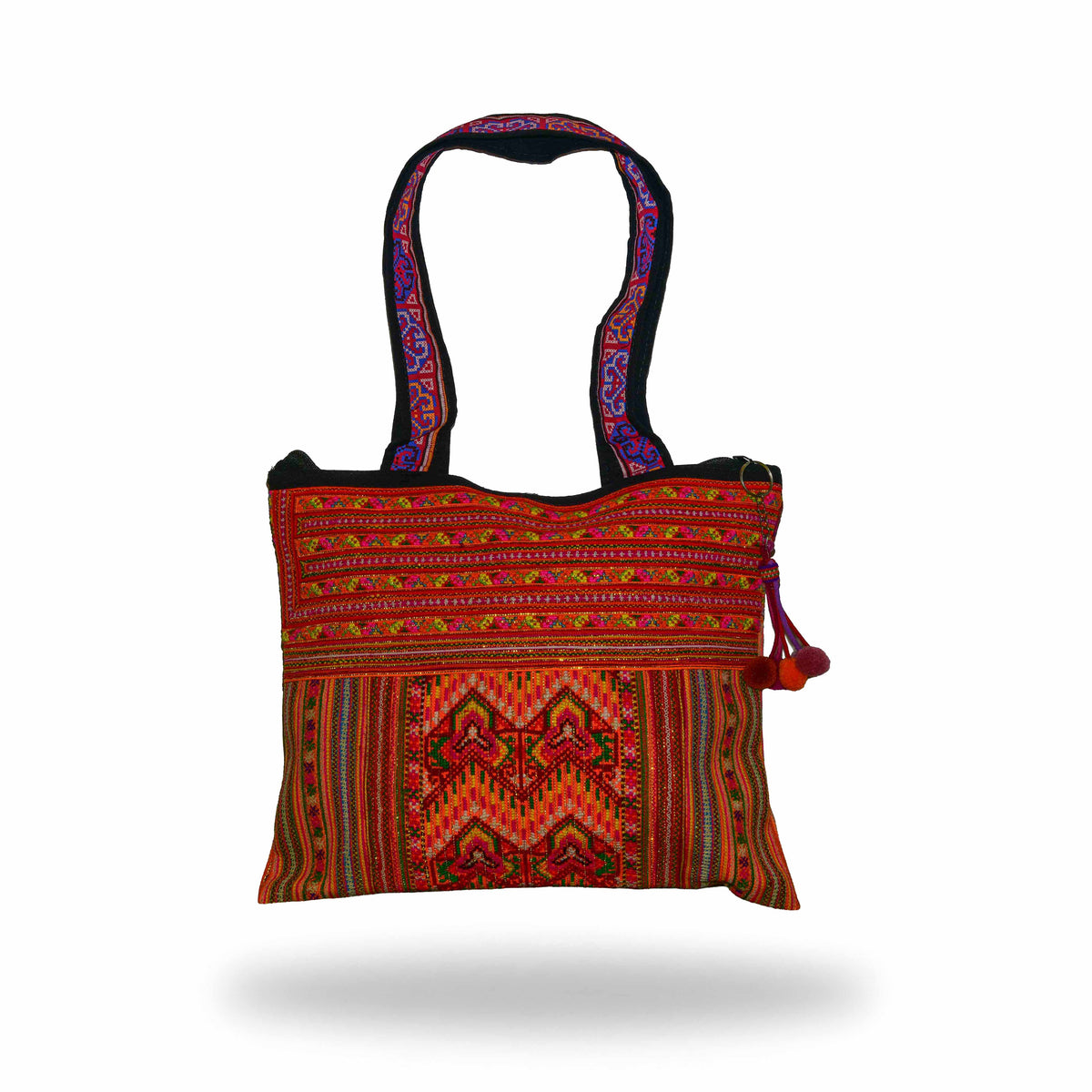 Handcrafted Hand-Embroidered Hill Tribe Fabric Shoulder Bag with Cross Stitch Patterns from Chiang Mai Thailand - Lalanna Design