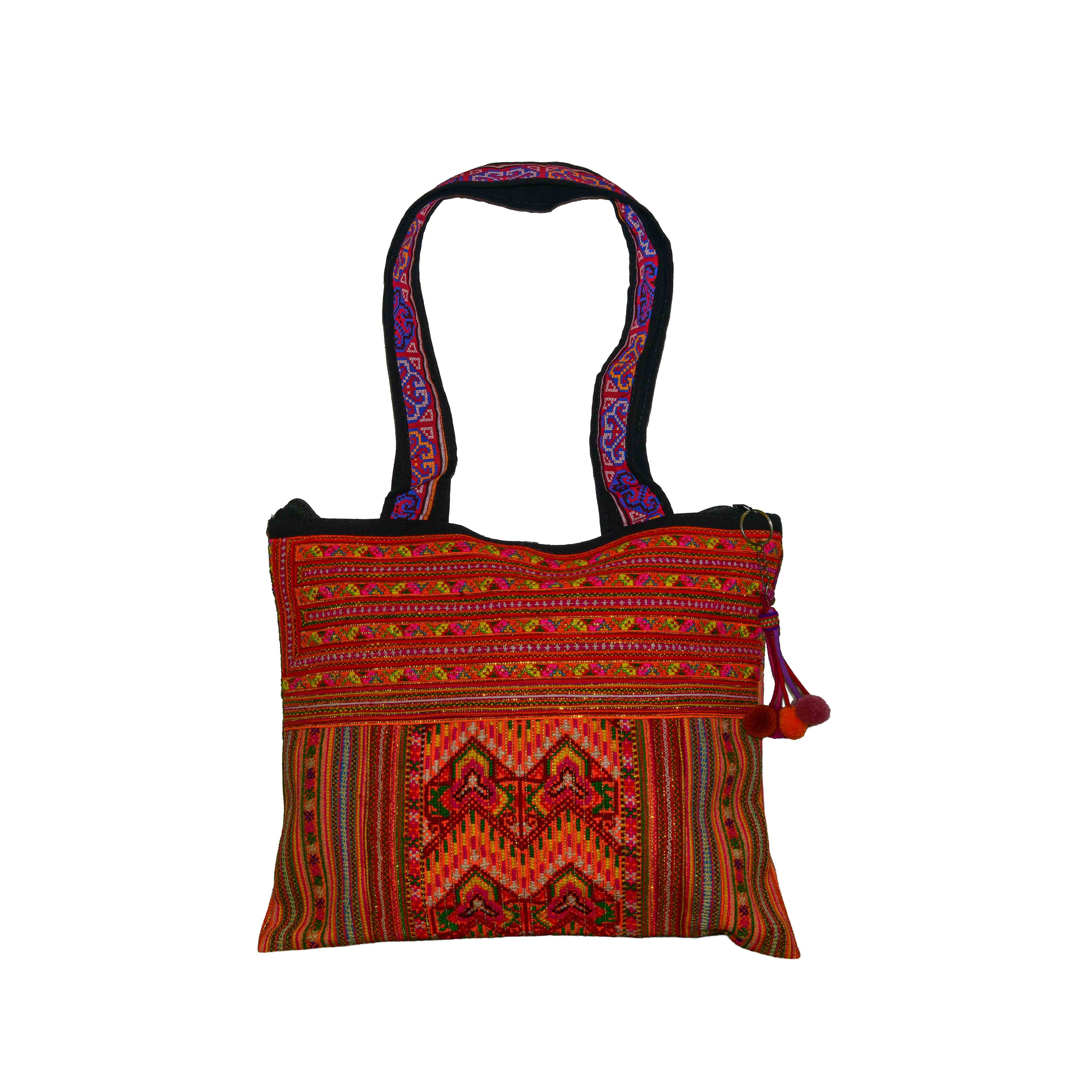 Handcrafted Hand-Embroidered Hill Tribe Fabric Shoulder Bag with Cross Stitch Patterns from Chiang Rai Thailand - Lalanna Design