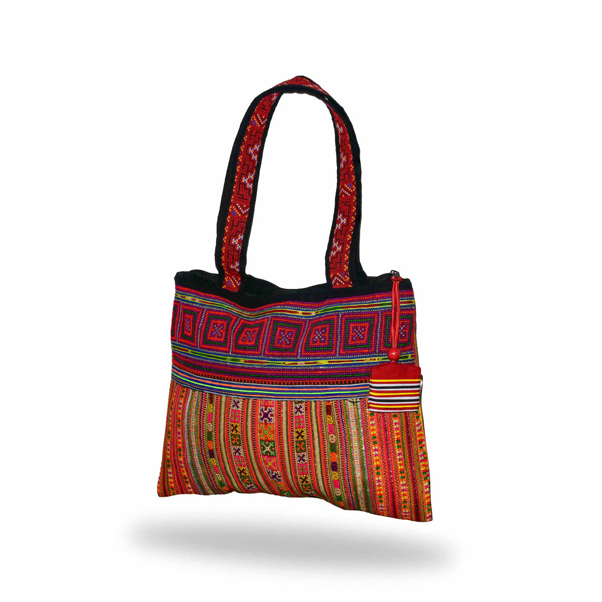 Handcrafted Hand-Embroidered-Hill Tribe Fabric Shoulder Bag with Horizontal Stripes from Chiang Mai Thailand - Lalanna Design
