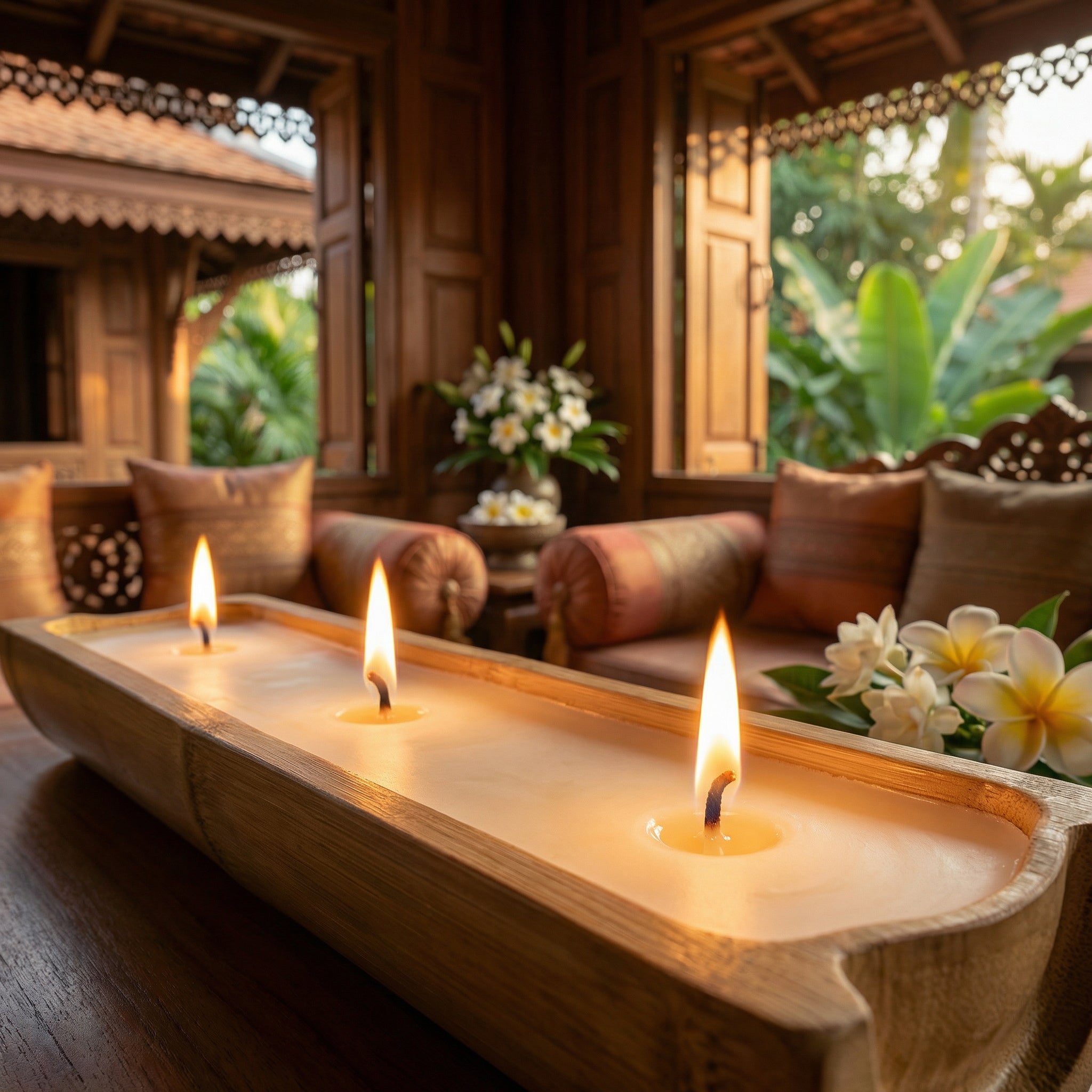 Handcrafted Handcrafted 3-Wick Lemon Grass Rice Wax Natural Color Bamboo Boat Candle from Chiang Rai Thailand - Lalanna Design