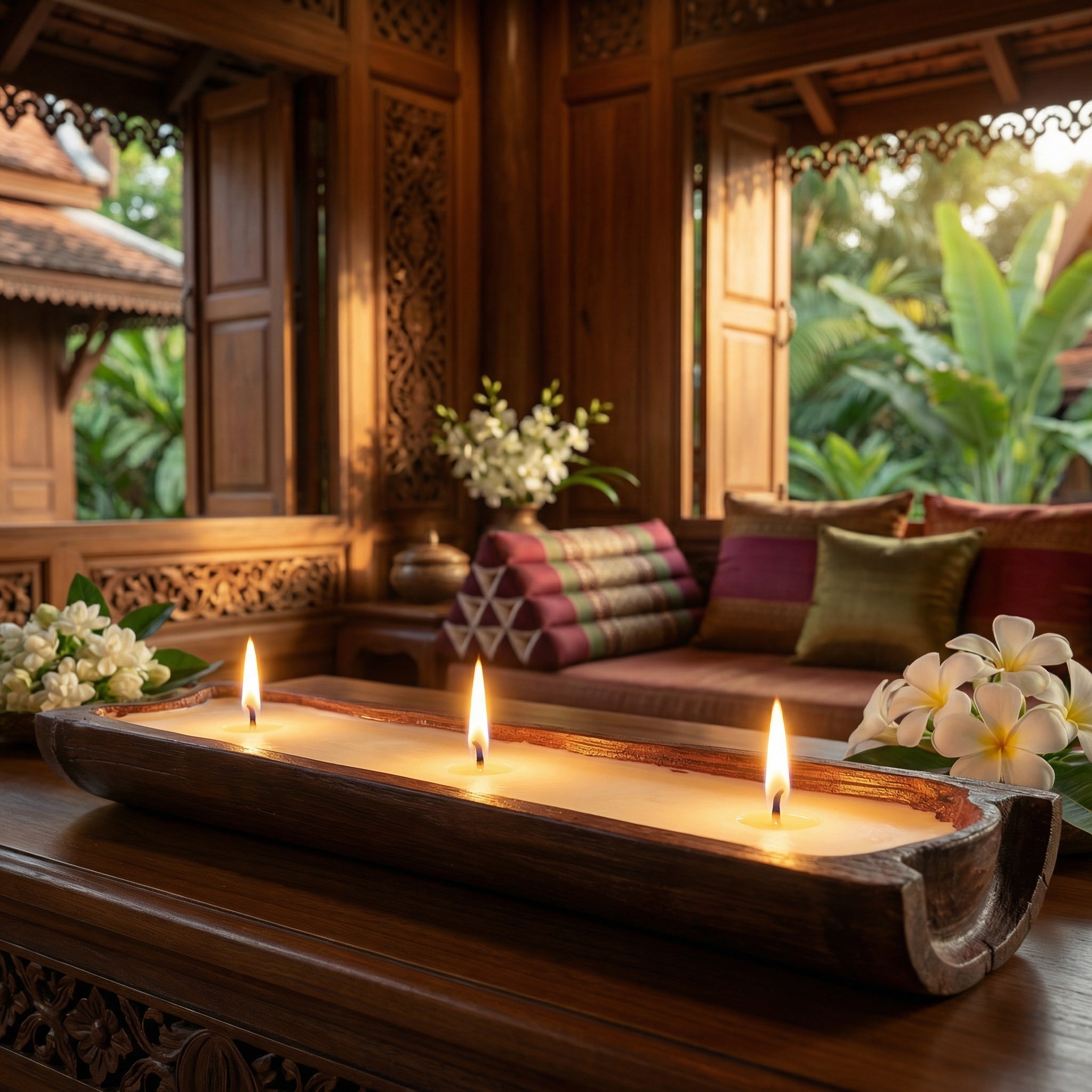 Handcrafted Handcrafted 3-Wick Sandalwood Rice Wax Red Bamboo Boat Candle from Chiang Rai Thailand - Lalanna Design